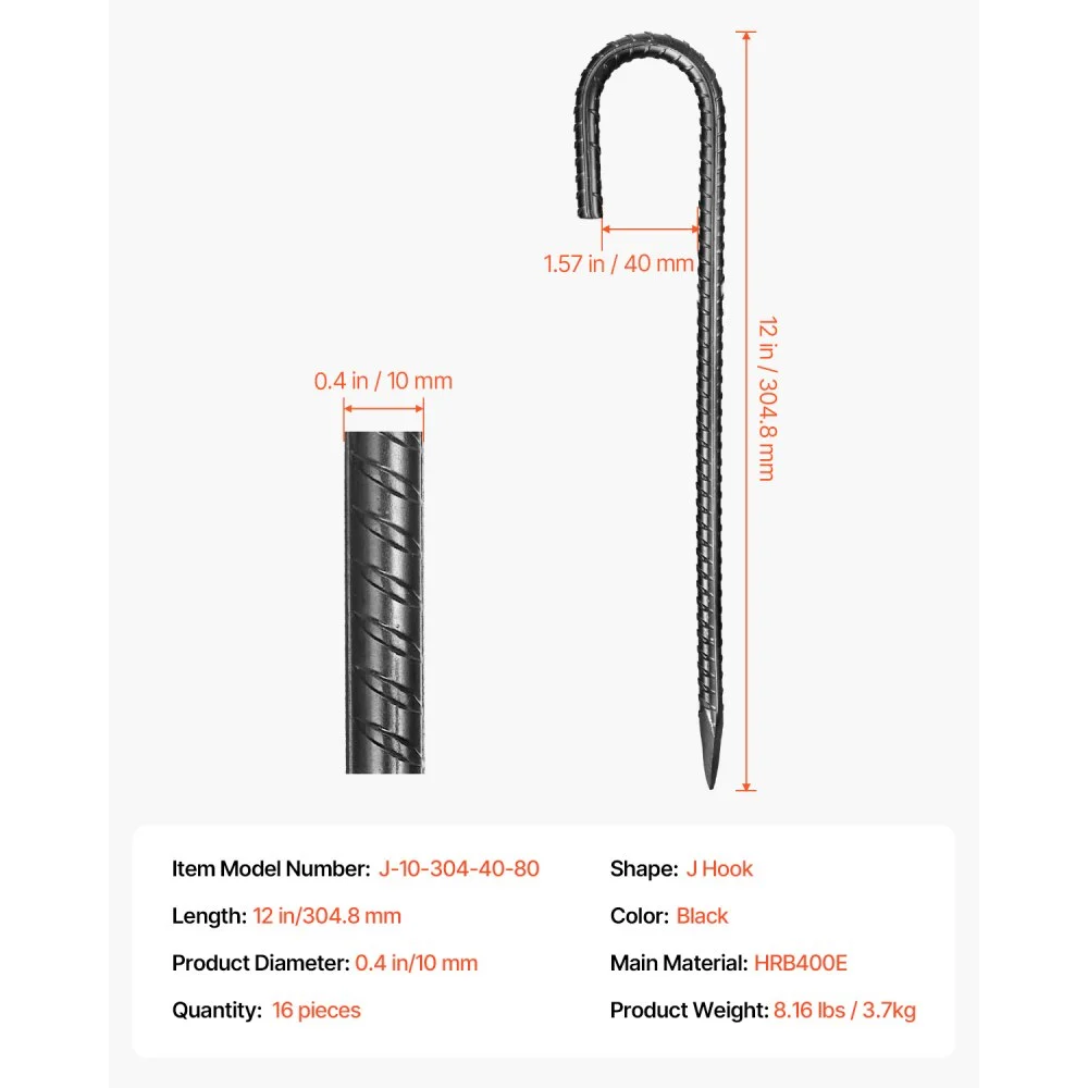 Estacas de refuerzo VEVOR de 30 cm, resistentes, con gancho en J de 1 cm de diámetro, anclajes de acero galvanizado con punta de cincel y revestimiento resistente a la oxidación, para jardinería, cercas y tiendas de campaña (paquete de 16)
