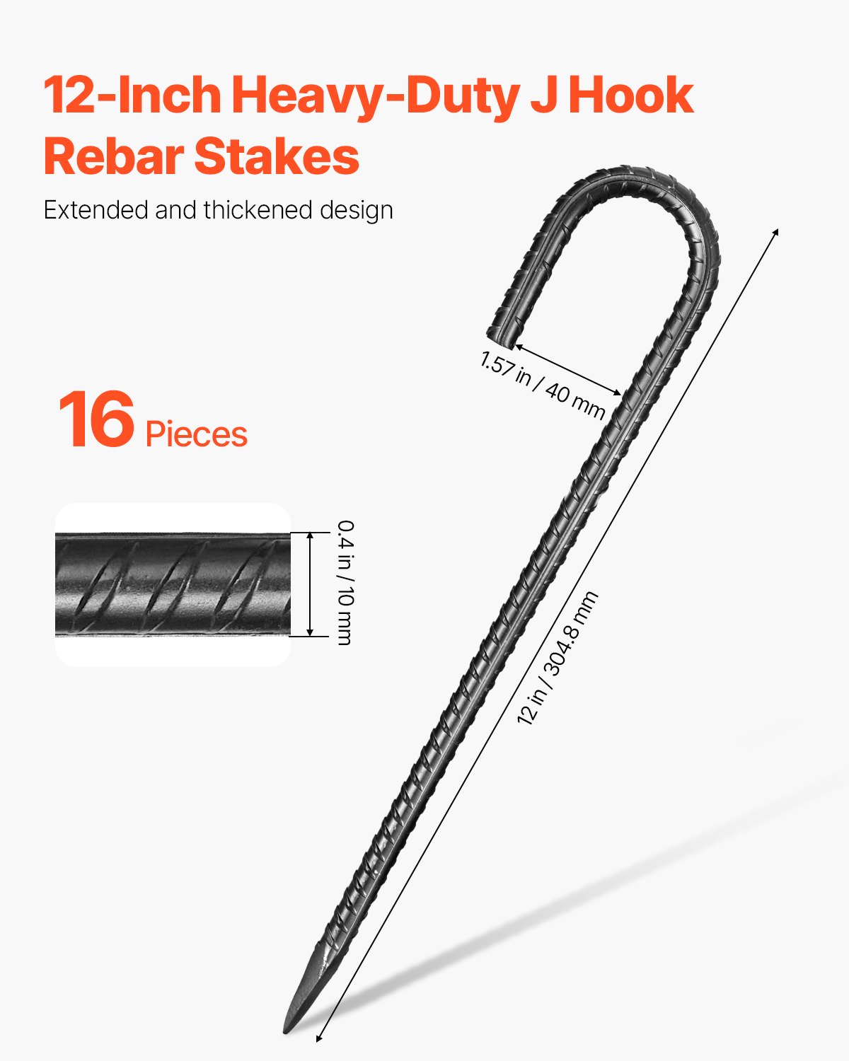 Estacas de refuerzo VEVOR de 30 cm, resistentes, con gancho en J de 1 cm de diámetro, anclajes de acero galvanizado con punta de cincel y revestimiento resistente a la oxidación, para jardinería, cercas y tiendas de campaña (paquete de 16)