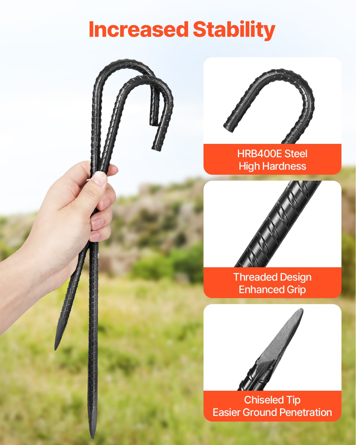 Estacas de refuerzo VEVOR de 30 cm, resistentes, con gancho en J de 1 cm de diámetro, anclajes de acero galvanizado con punta de cincel y revestimiento resistente a la oxidación, para jardinería, cercas y tiendas de campaña (paquete de 16)
