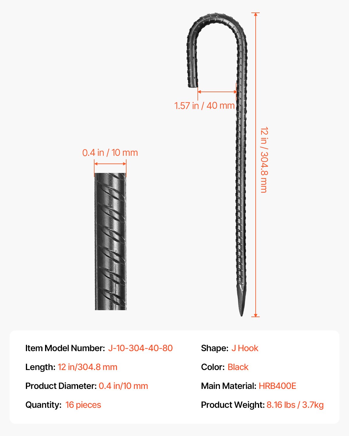 Estacas de refuerzo VEVOR de 30 cm, resistentes, con gancho en J de 1 cm de diámetro, anclajes de acero galvanizado con punta de cincel y revestimiento resistente a la oxidación, para jardinería, cercas y tiendas de campaña (paquete de 16)