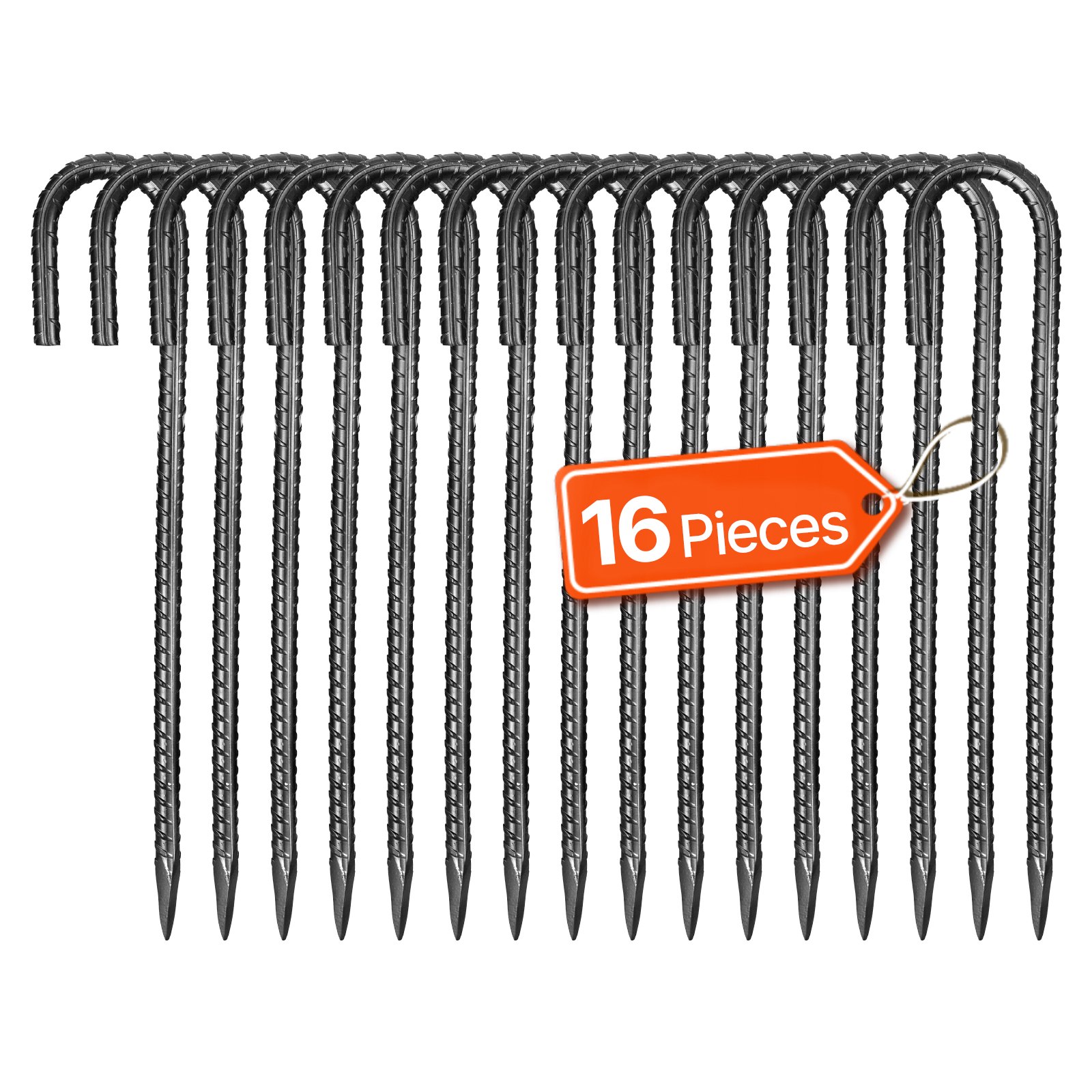 Estacas de refuerzo VEVOR de 30 cm, resistentes, con gancho en J de 1 cm de diámetro, anclajes de acero galvanizado con punta de cincel y revestimiento resistente a la oxidación, para jardinería, cercas y tiendas de campaña (paquete de 16)