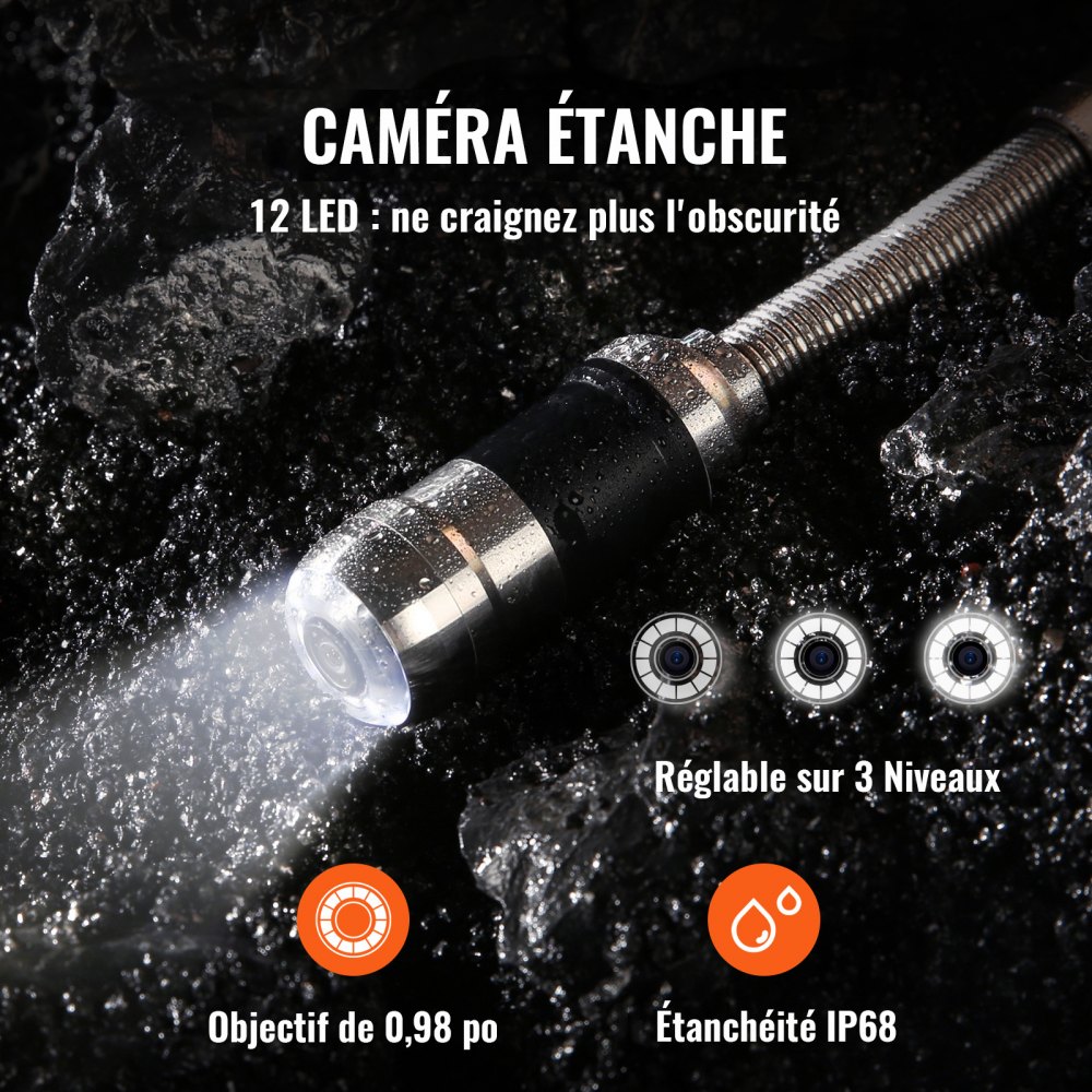 Cámara de alcantarillado VEVOR, 30 m (100 pies), pantalla de 7 pulgadas, cámara de inspección de tuberías con función DVR, impermeable IP68, 12 LED ajustables, con tarjeta SD de 16 GB para alcantarillado, tuberías de drenaje y plomería.