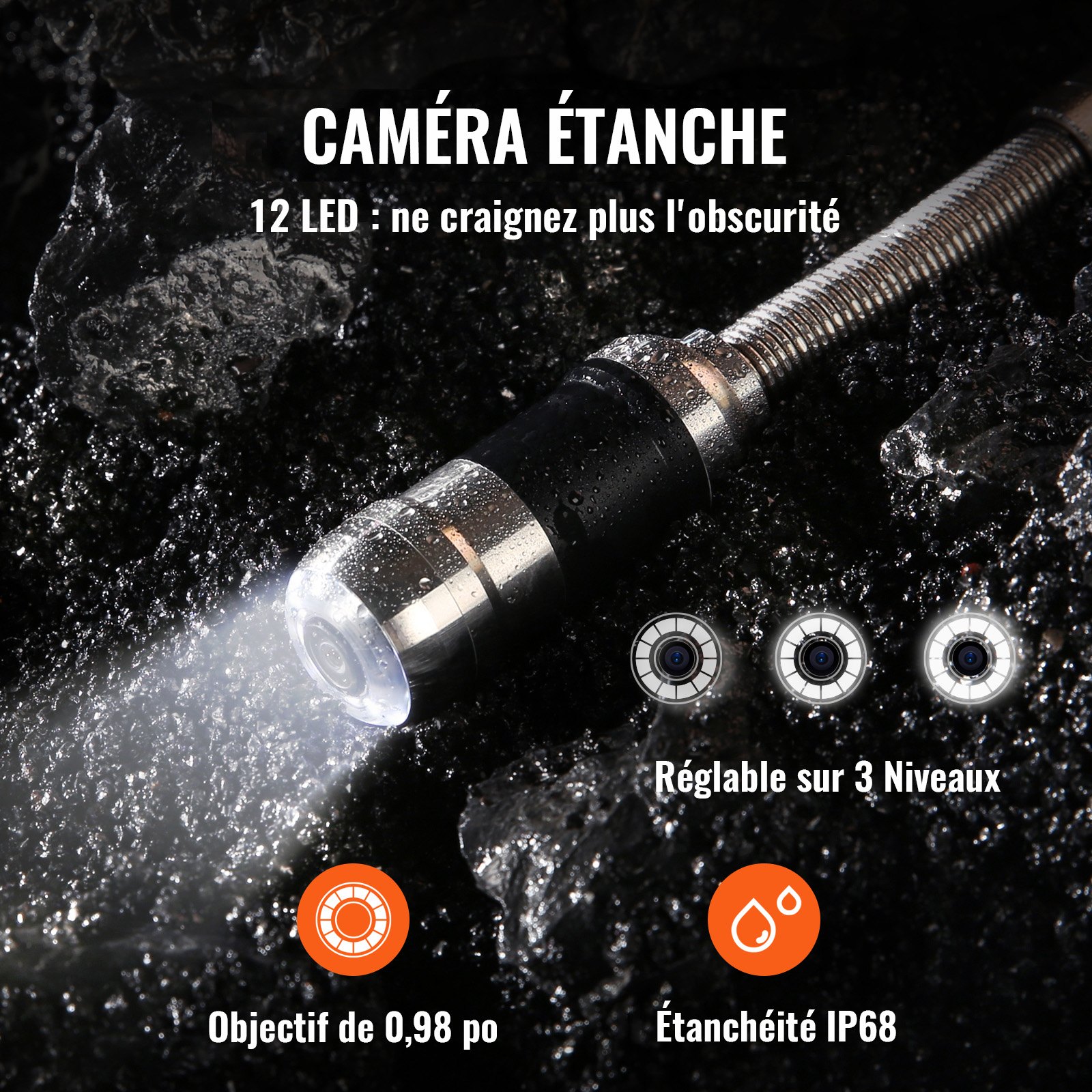 Cámara de alcantarillado VEVOR, 30 m (100 pies), pantalla de 7 pulgadas, cámara de inspección de tuberías con función DVR, impermeable IP68, 12 LED ajustables, con tarjeta SD de 16 GB para alcantarillado, tuberías de drenaje y plomería.