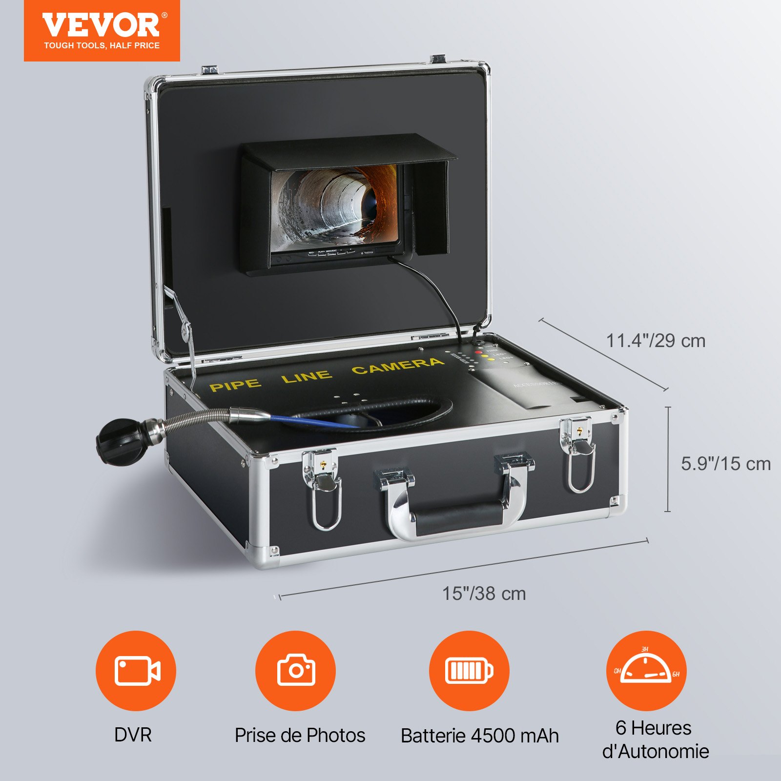 Cámara de alcantarillado VEVOR, 30 m (100 pies), pantalla de 7 pulgadas, cámara de inspección de tuberías con función DVR, impermeable IP68, 12 LED ajustables, con tarjeta SD de 16 GB para alcantarillado, tuberías de drenaje y plomería.