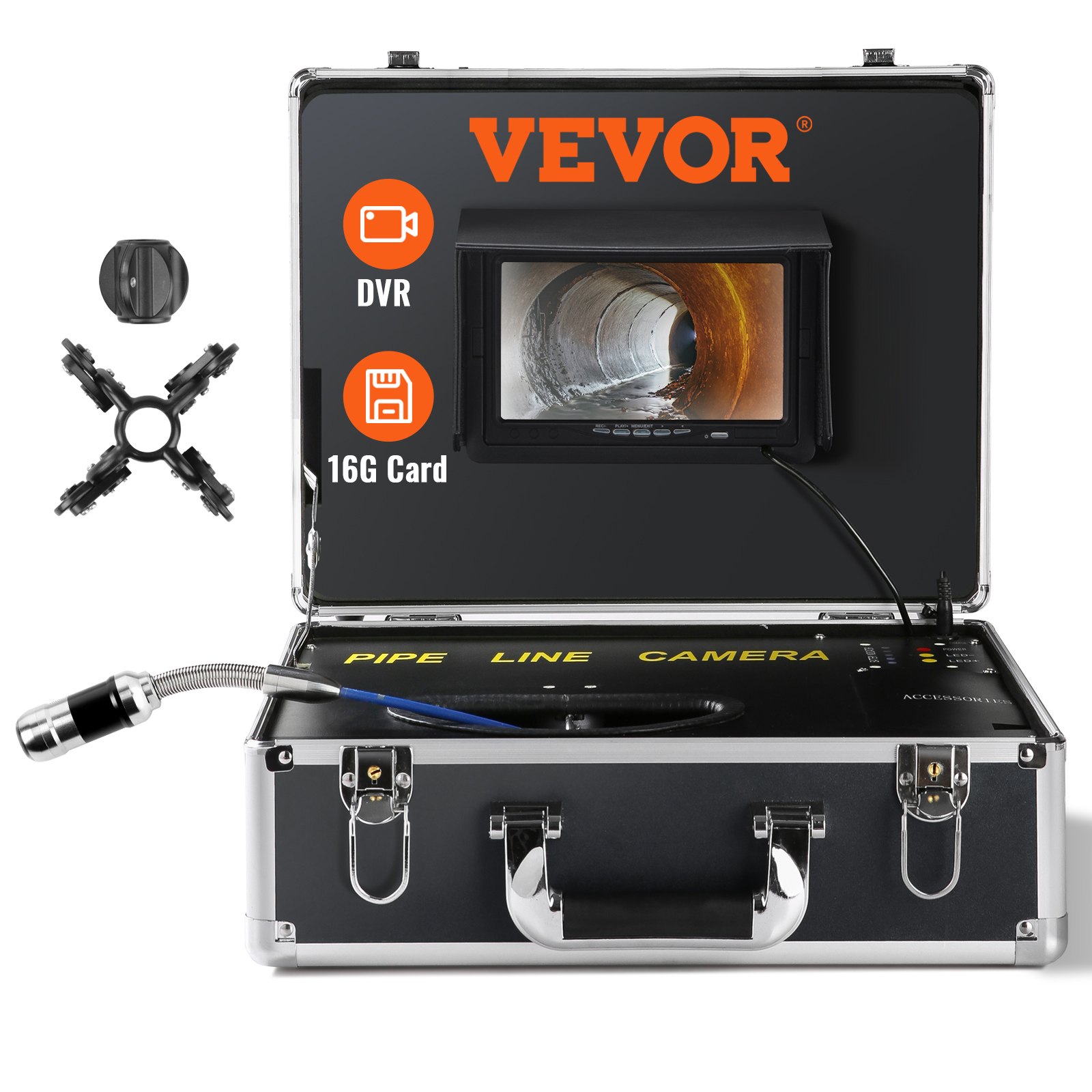 Cámara de alcantarillado VEVOR, 30 m (100 pies), pantalla de 7 pulgadas, cámara de inspección de tuberías con función DVR, impermeable IP68, 12 LED ajustables, con tarjeta SD de 16 GB para alcantarillado, tuberías de drenaje y plomería.