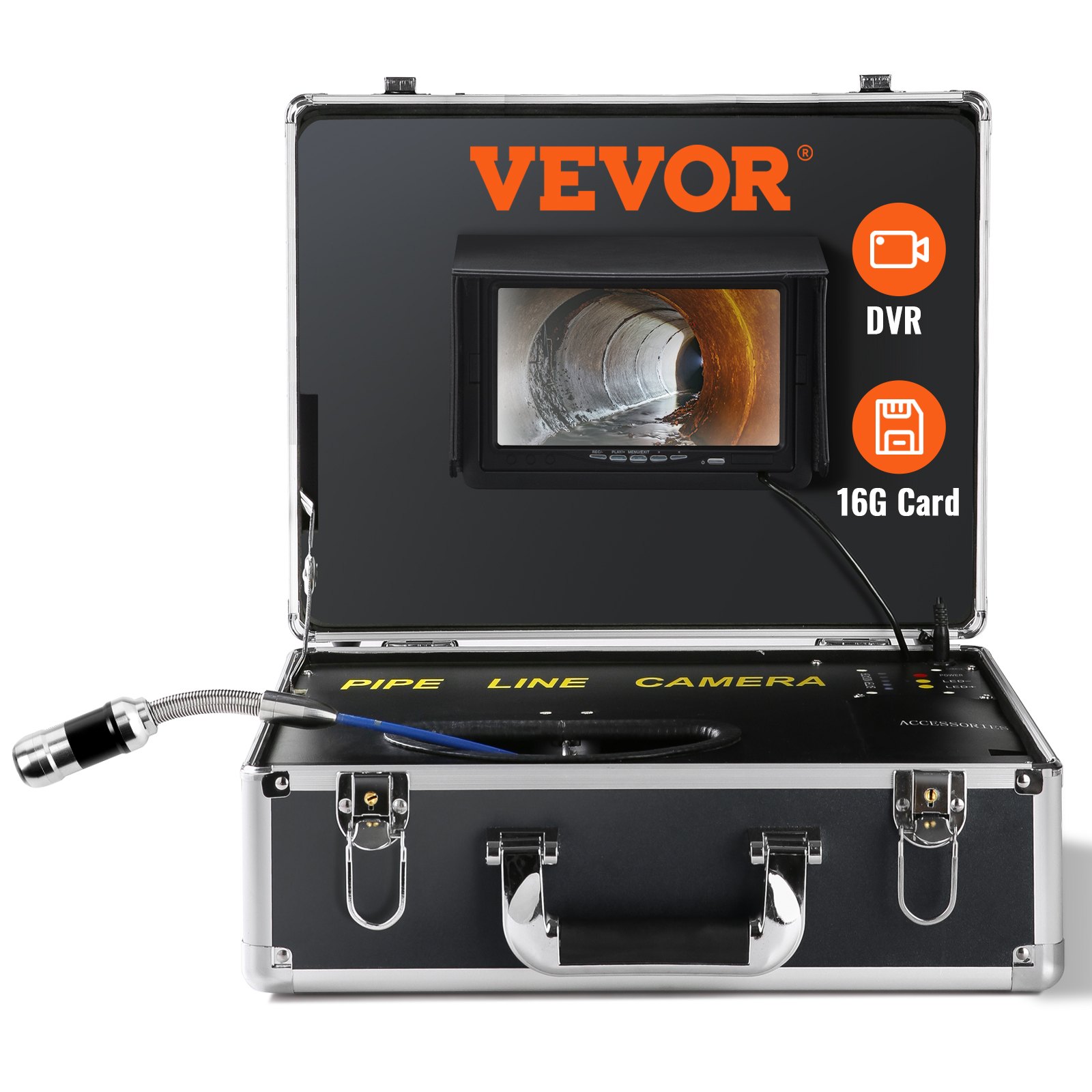 Cámara de alcantarillado VEVOR, 30 m (100 pies), pantalla de 7 pulgadas, cámara de inspección de tuberías con función DVR, impermeable IP68, 12 LED ajustables, con tarjeta SD de 16 GB para alcantarillado, tuberías de drenaje y plomería.