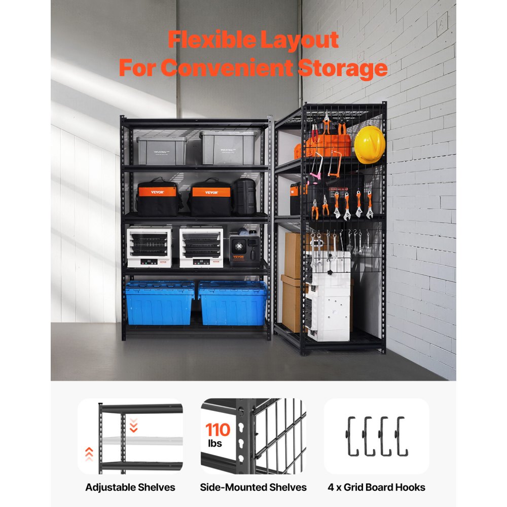 VEVOR Storage Shelves, 3000 lbs, 5 Tier Heavy Duty Garage Shelving, 24" D x 48" W x 72" H Adjustable Metal Shelves for Industrial Shelving Unit Utility Shelf, for Kitchen, Warehouse, Basement, Black
