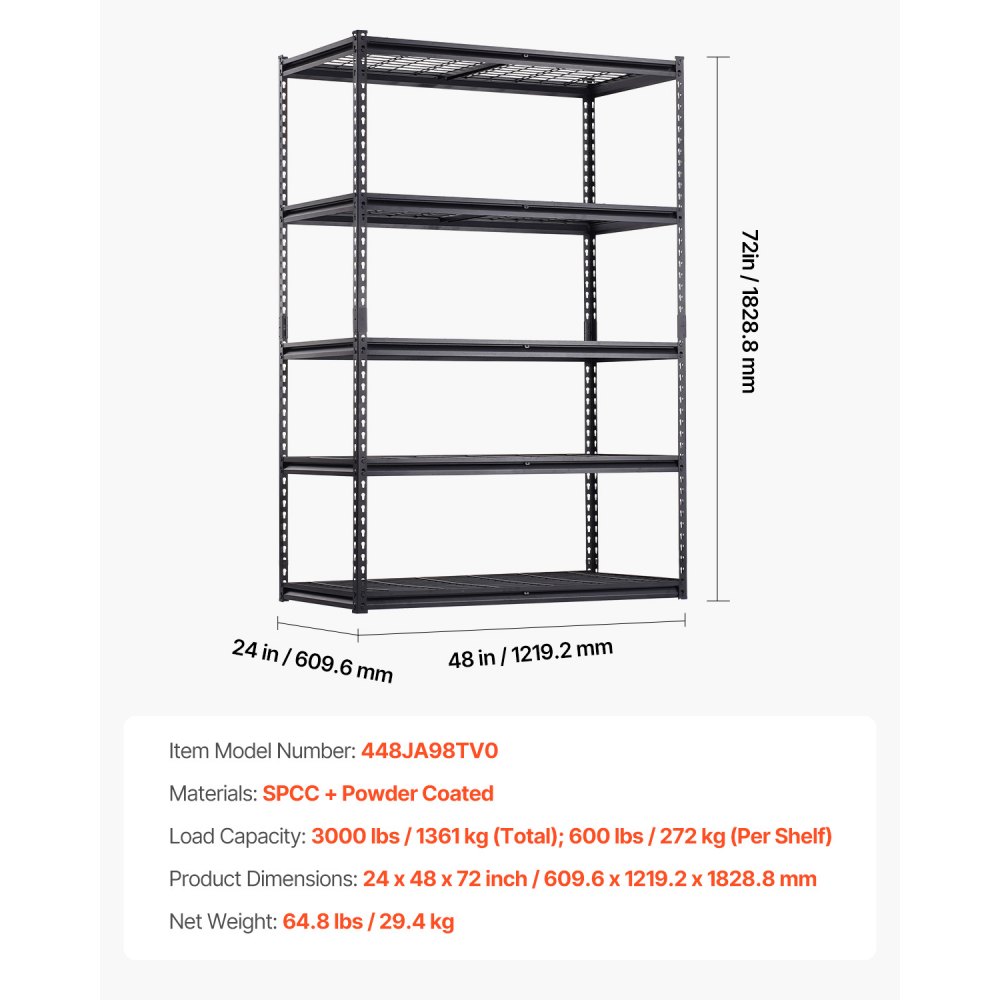 VEVOR Storage Shelves, 3000 lbs, 5 Tier Heavy Duty Garage Shelving, 24" D x 48" W x 72" H Adjustable Metal Shelves for Industrial Shelving Unit Utility Shelf, for Kitchen, Warehouse, Basement, Black