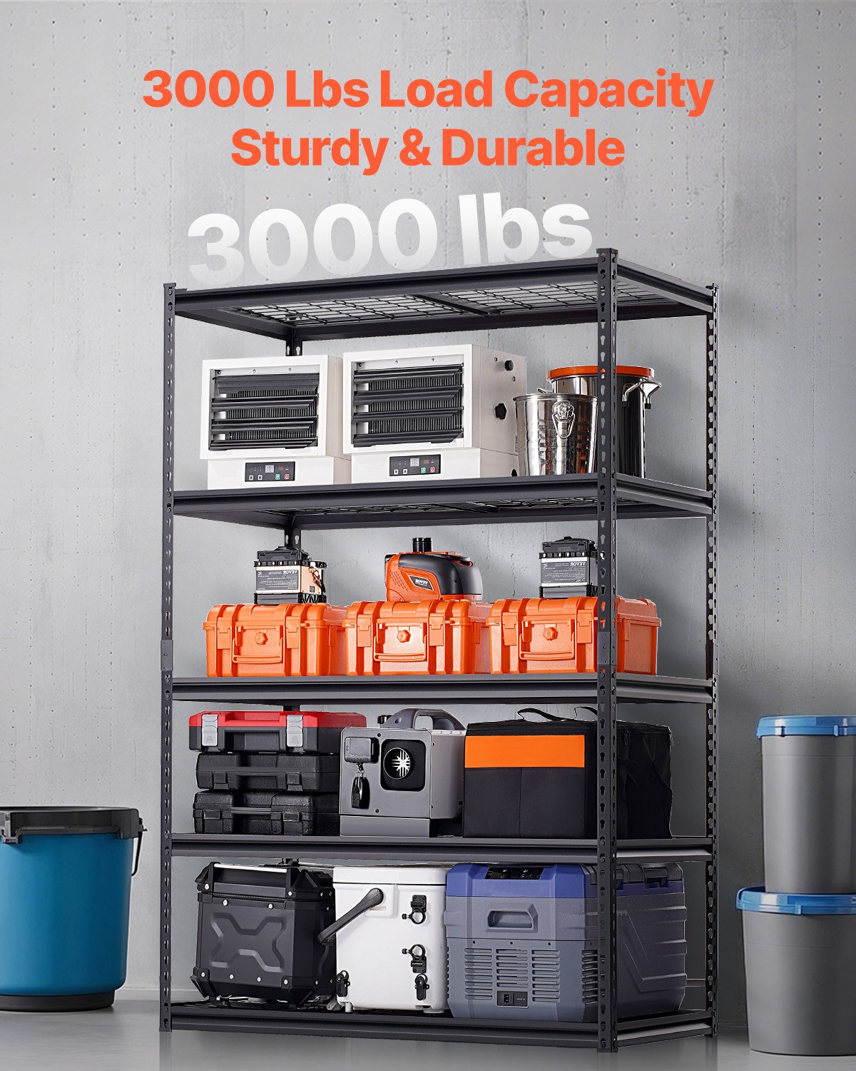 VEVOR Storage Shelves, 3000 lbs, 5 Tier Heavy Duty Garage Shelving, 24" D x 48" W x 72" H Adjustable Metal Shelves for Industrial Shelving Unit Utility Shelf, for Kitchen, Warehouse, Basement, Black
