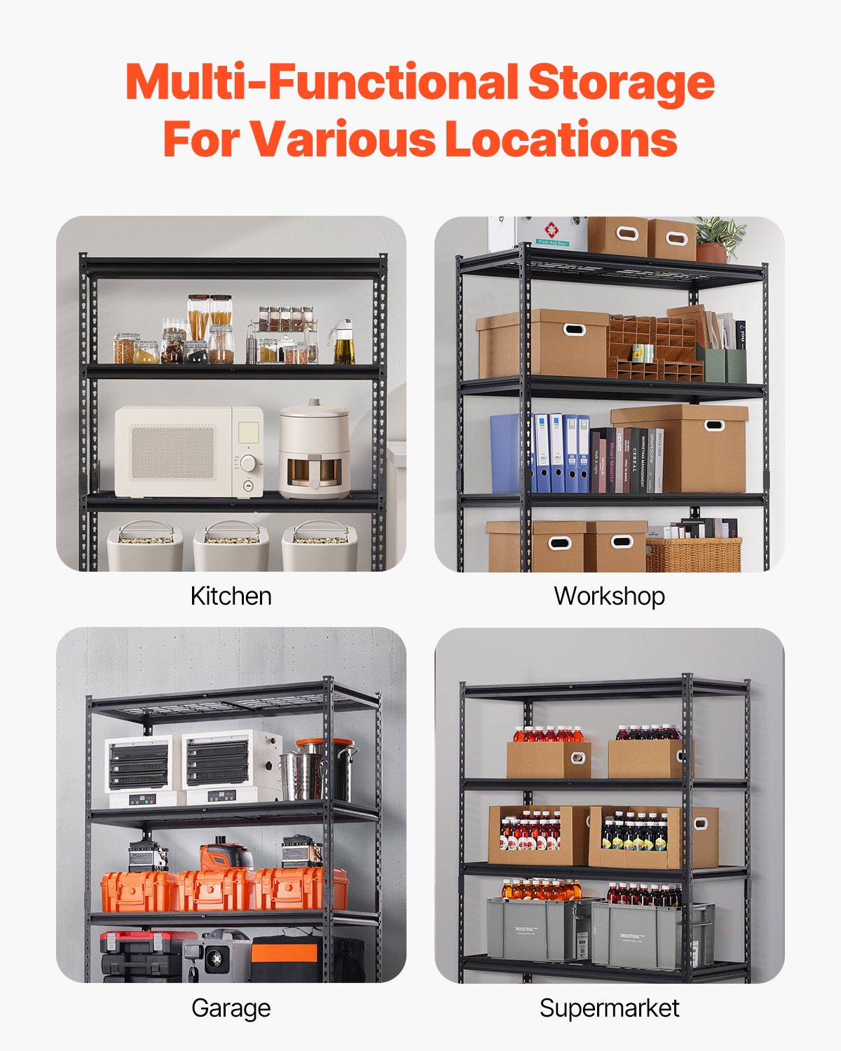 VEVOR Storage Shelves, 3000 lbs, 5 Tier Heavy Duty Garage Shelving, 24" D x 48" W x 72" H Adjustable Metal Shelves for Industrial Shelving Unit Utility Shelf, for Kitchen, Warehouse, Basement, Black