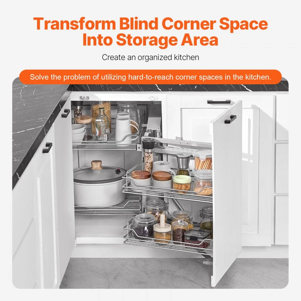 VEVOR 18"W Opening Blind Corner Pull Out Organizer, 2 Tier 4 Shelf Kitchen Cabinet Organizer, Magic Chrome Carbon Steel Storage Basket, Slide Out Storage Organizer, Left & Right Open Compatible