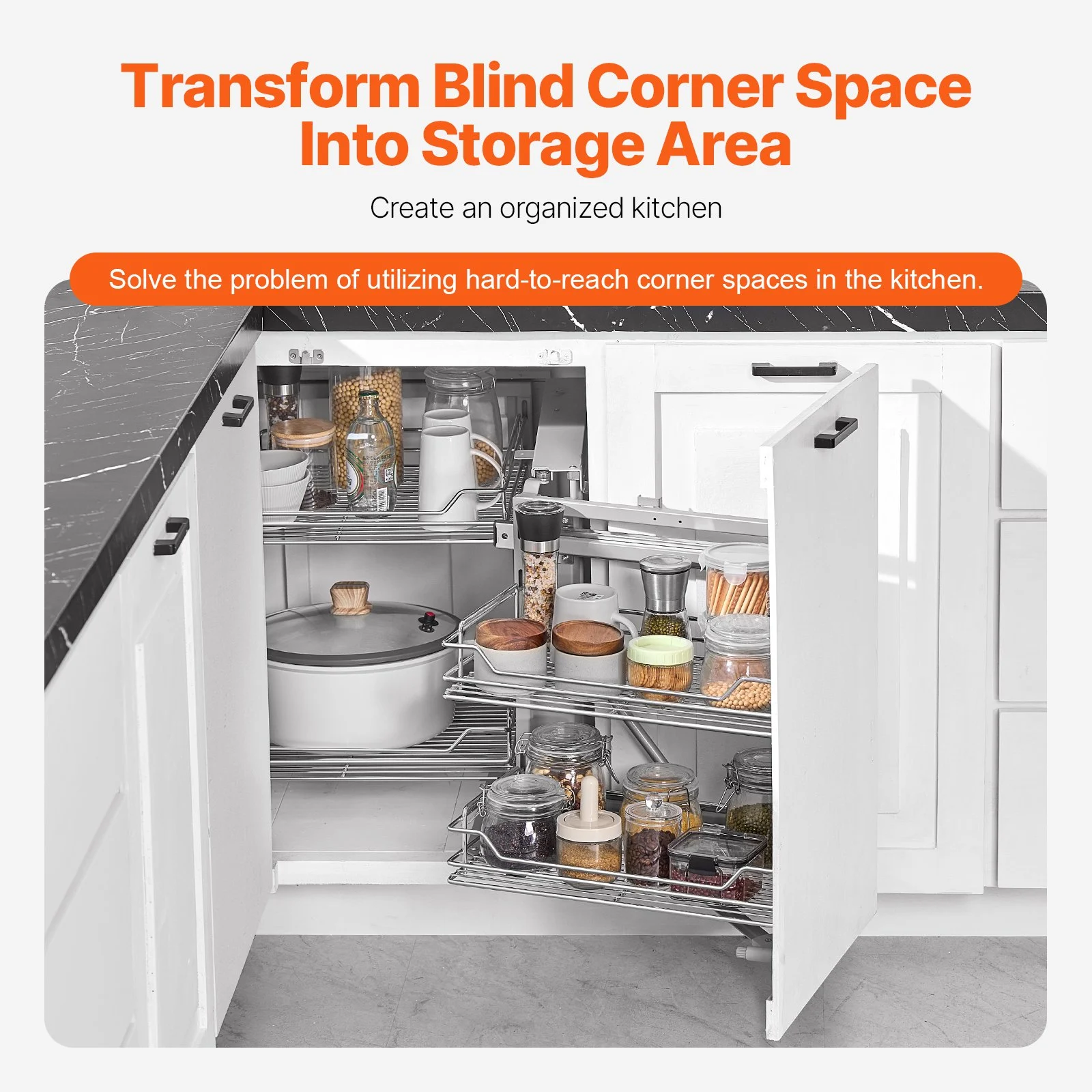 VEVOR 18"W Opening Blind Corner Pull Out Organizer, 2 Tier 4 Shelf Kitchen Cabinet Organizer, Magic Chrome Carbon Steel Storage Basket, Slide Out Storage Organizer, Left & Right Open Compatible