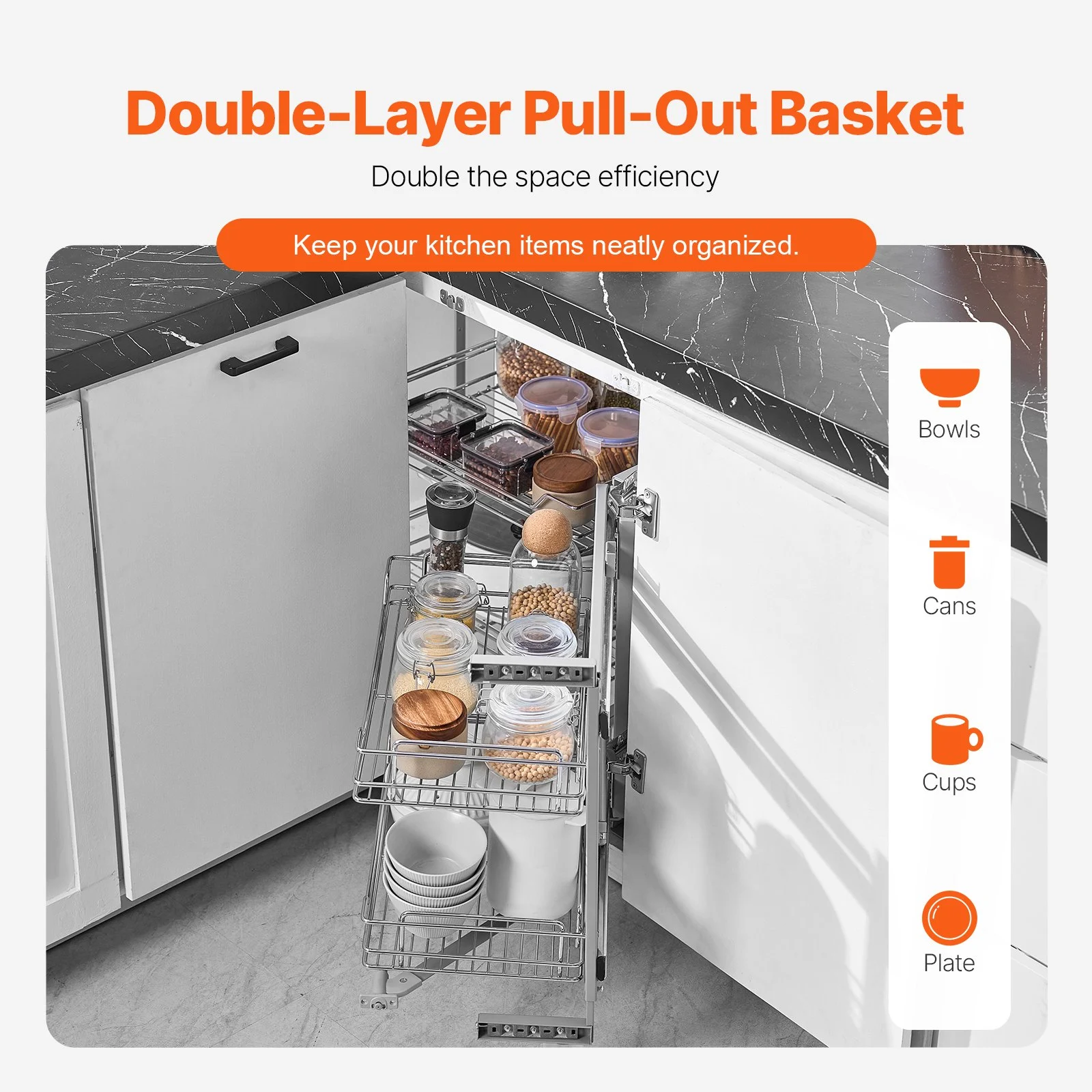 VEVOR 18"W Opening Blind Corner Pull Out Organizer, 2 Tier 4 Shelf Kitchen Cabinet Organizer, Magic Chrome Carbon Steel Storage Basket, Slide Out Storage Organizer, Left & Right Open Compatible