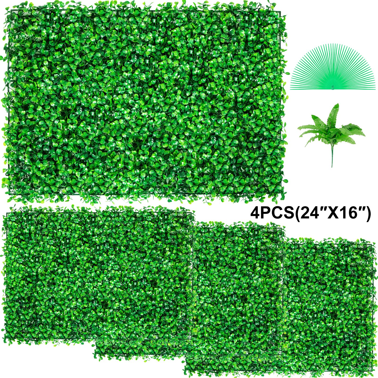 VEVOR Panel de boj artificial UV, 4 piezas, seto de boj, césped artificial, fondo de pared, 61 x 40 cm, césped verde, seto falso para decoración, valla de privacidad, interior, exterior, jardín, patio.