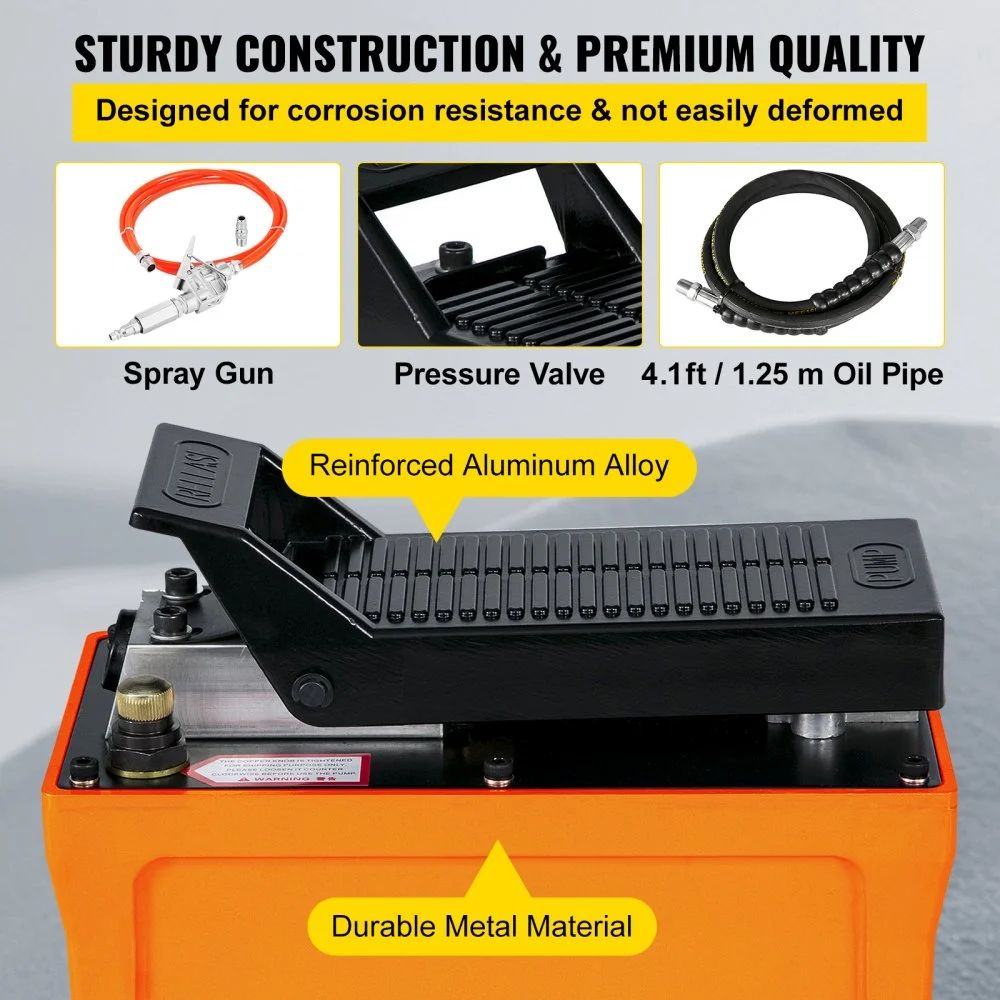 VEVOR Air Hydraulic Pump 10000 PSI Air Over Hydraulic Pump 1/2 Gal Reservoir Air Treadle Foot Actuated Hydraulic Pump 3/8" NPT with 4.1 ft Hose 2 Connector Single Acting for Car Repair (Orange)