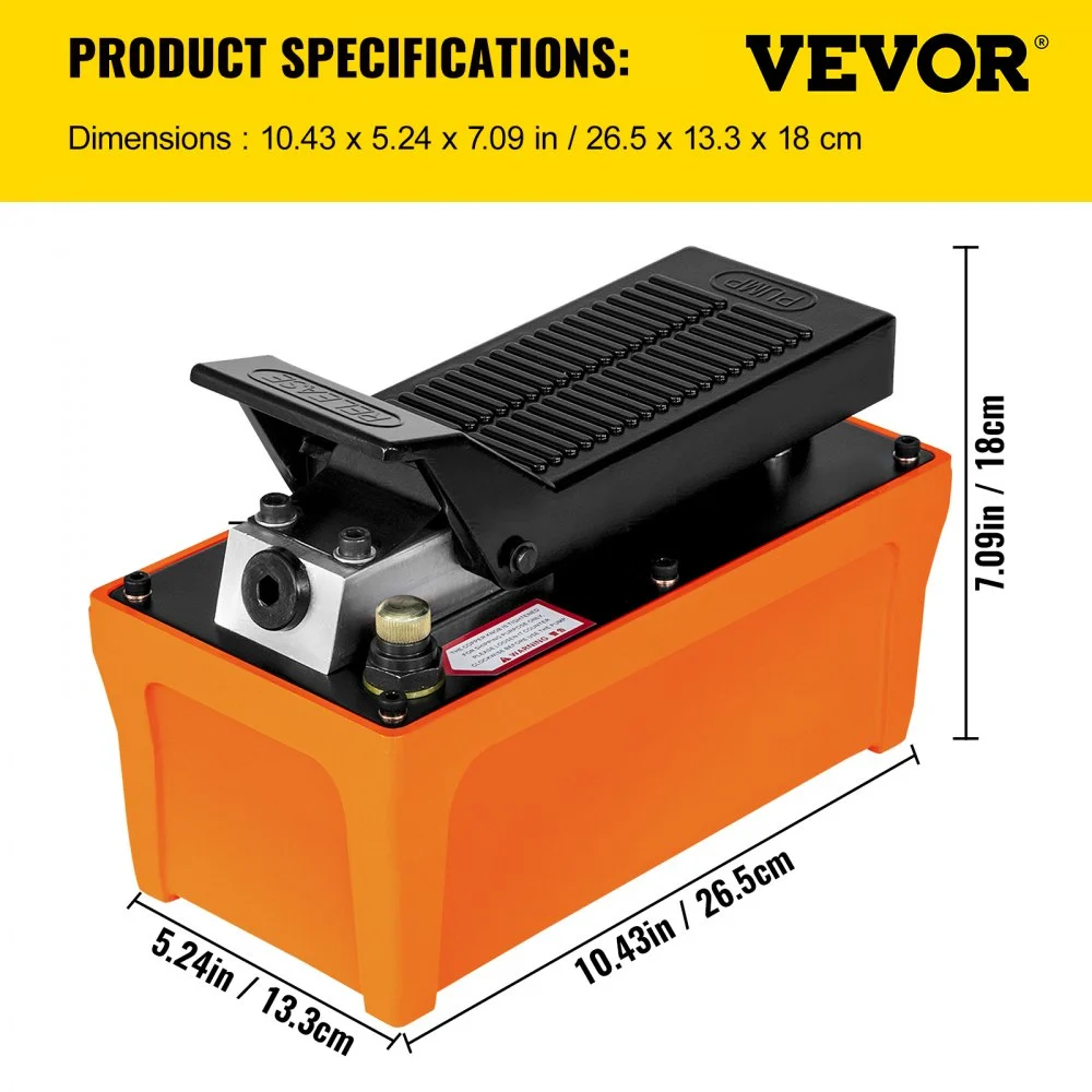 VEVOR Air Hydraulic Pump 10000 PSI Air Over Hydraulic Pump 1/2 Gal Reservoir Air Treadle Foot Actuated Hydraulic Pump 3/8" NPT with 4.1 ft Hose 2 Connector Single Acting for Car Repair (Orange)