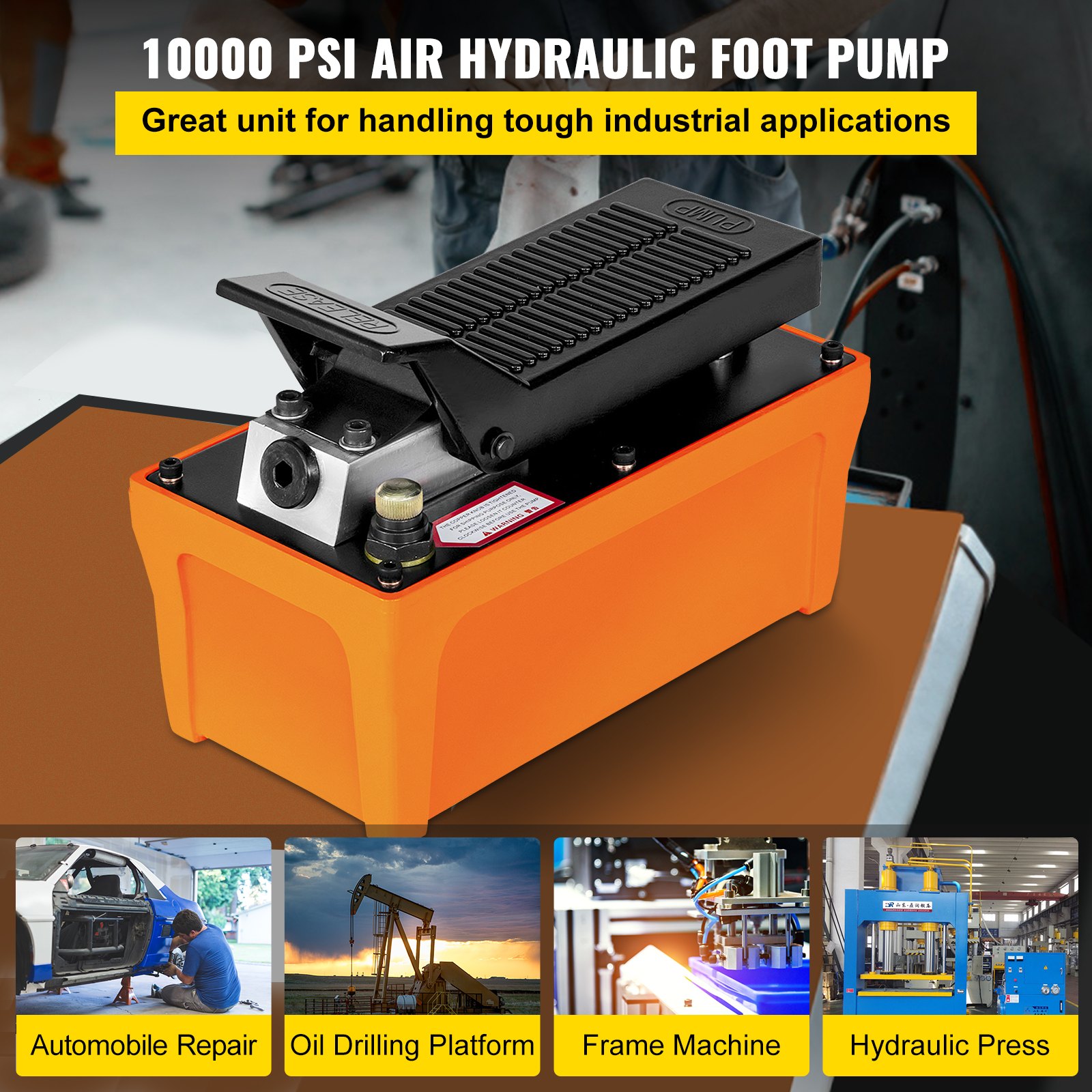 VEVOR Air Hydraulic Pump 10000 PSI Air Over Hydraulic Pump 1/2 Gal Reservoir Air Treadle Foot Actuated Hydraulic Pump 3/8" NPT with 4.1 ft Hose 2 Connector Single Acting for Car Repair (Orange)