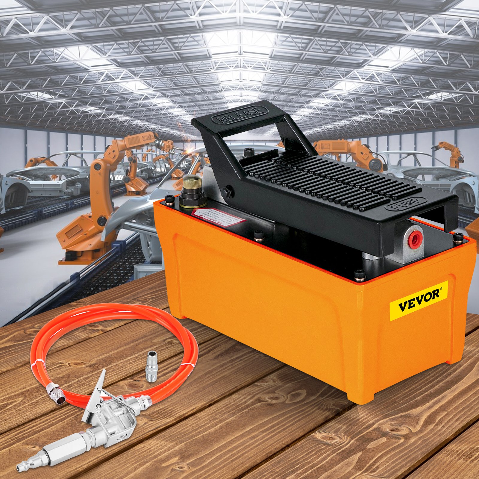 VEVOR Air Hydraulic Pump 10000 PSI Air Over Hydraulic Pump 1/2 Gal Reservoir Air Treadle Foot Actuated Hydraulic Pump 3/8" NPT with 4.1 ft Hose 2 Connector Single Acting for Car Repair (Orange)