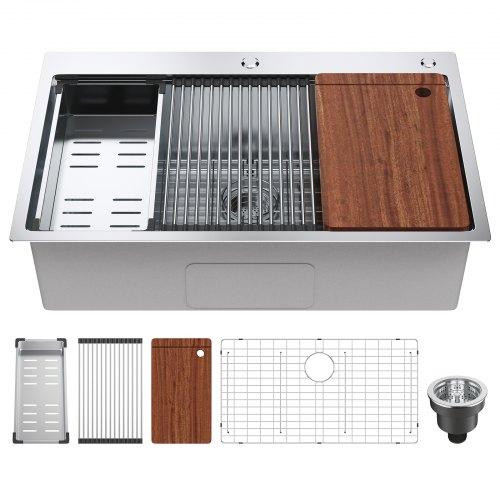 Fregadero de cocina VEVOR de acero inoxidable 304, de encastre, de un solo seno con repisa y accesorios, apto para lavavajillas domésticos, para estaciones de trabajo, autocaravanas, cocinas de preparación y bares, 84 cm