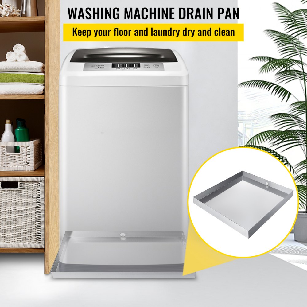 VEVOR Bandeja para lavadora de 32 x 32 x 2,5 pulgadas, 18 GA de espesor, acero inoxidable 304, bandeja de goteo para lavadora compacta y resistente con orificio de drenaje y adaptador de manguera