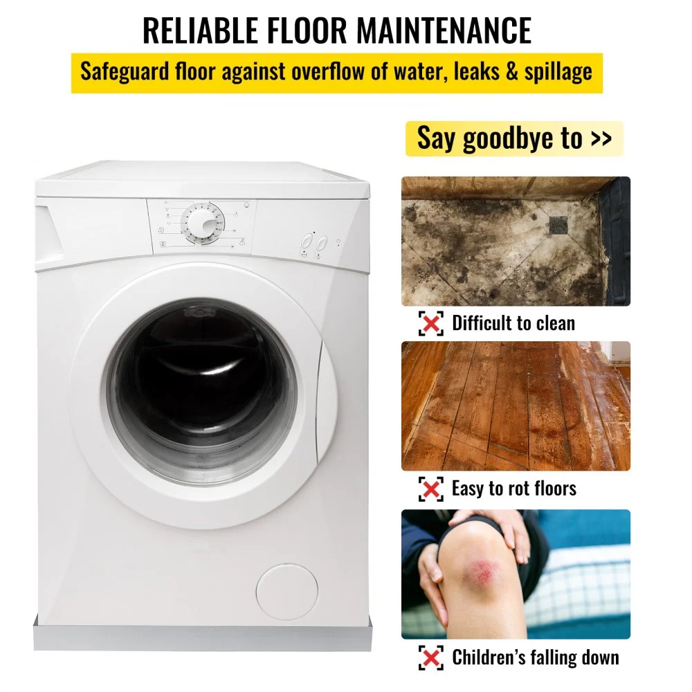 VEVOR Bandeja para lavadora de 32 x 32 x 2,5 pulgadas, 18 GA de espesor, acero inoxidable 304, bandeja de goteo para lavadora compacta y resistente con orificio de drenaje y adaptador de manguera