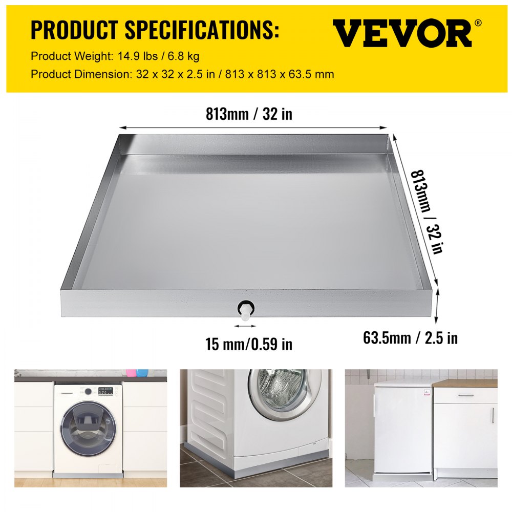 VEVOR Bandeja para lavadora de 32 x 32 x 2,5 pulgadas, 18 GA de espesor, acero inoxidable 304, bandeja de goteo para lavadora compacta y resistente con orificio de drenaje y adaptador de manguera