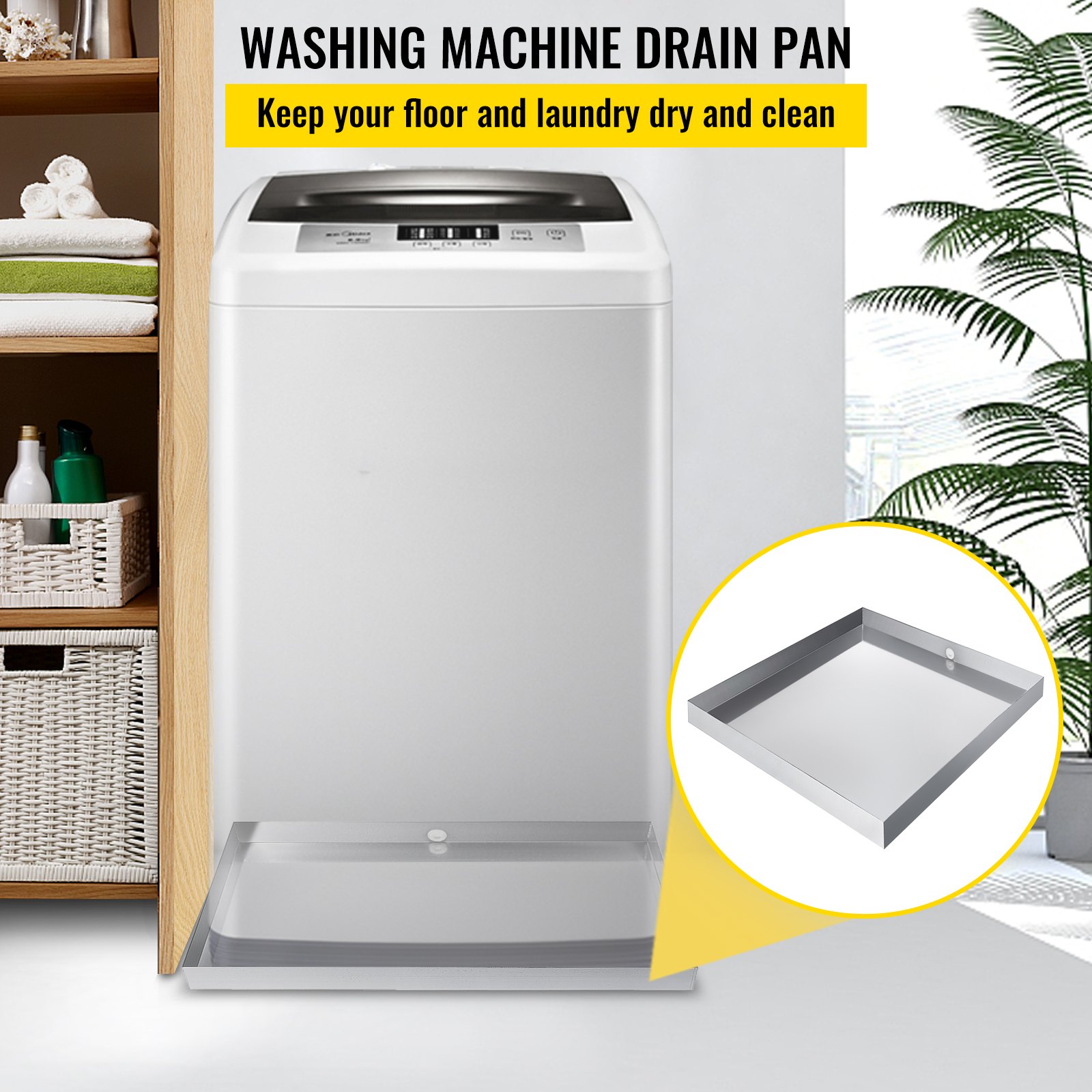 VEVOR Bandeja para lavadora de 32 x 32 x 2,5 pulgadas, 18 GA de espesor, acero inoxidable 304, bandeja de goteo para lavadora compacta y resistente con orificio de drenaje y adaptador de manguera