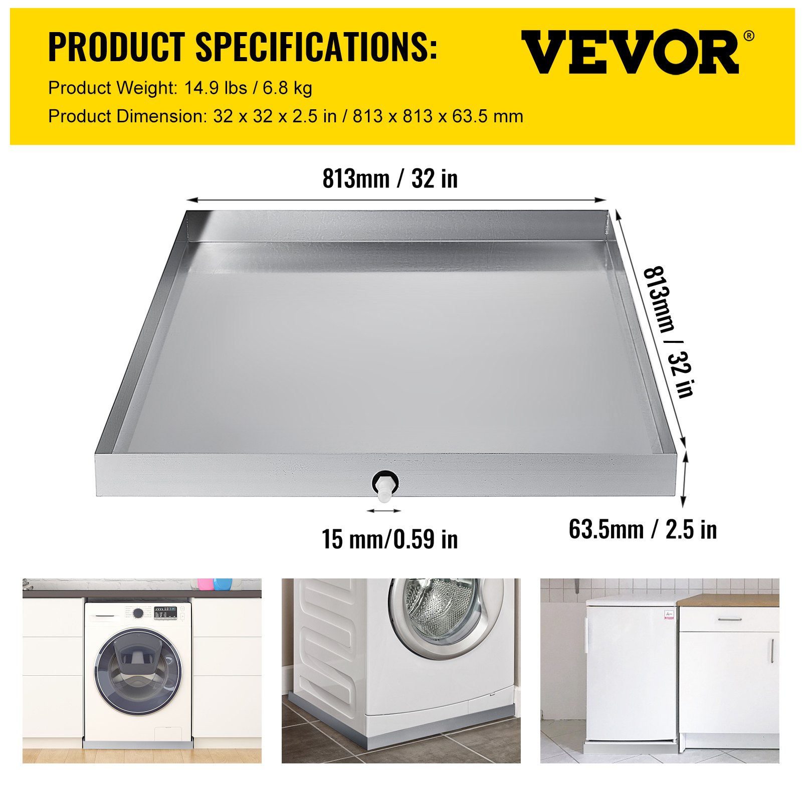 VEVOR Bandeja para lavadora de 32 x 32 x 2,5 pulgadas, 18 GA de espesor, acero inoxidable 304, bandeja de goteo para lavadora compacta y resistente con orificio de drenaje y adaptador de manguera