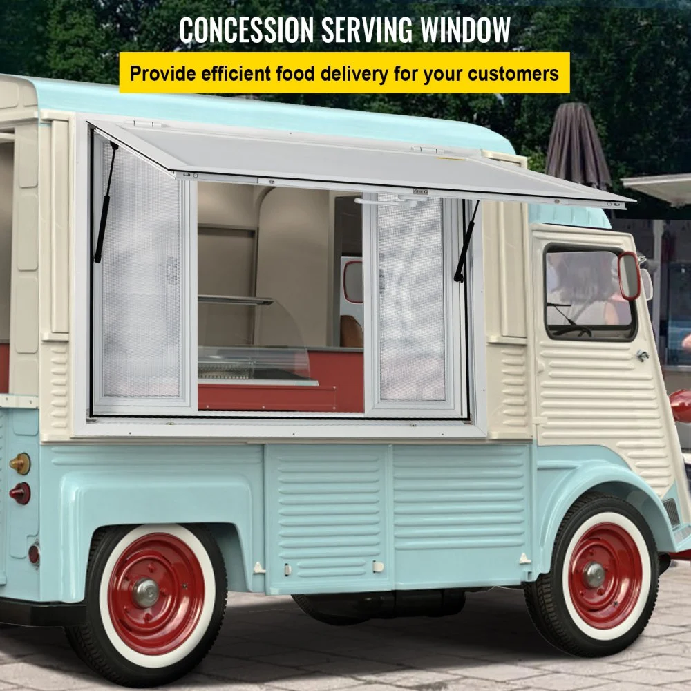 Ventana de concesión VEVOR de 122 x 91 cm, de aleación de aluminio, para servicio de food trucks, con 4 ventanas corredizas horizontales, puerta con toldo y gancho de arrastre. Ideal para food trucks y remolques de concesión.