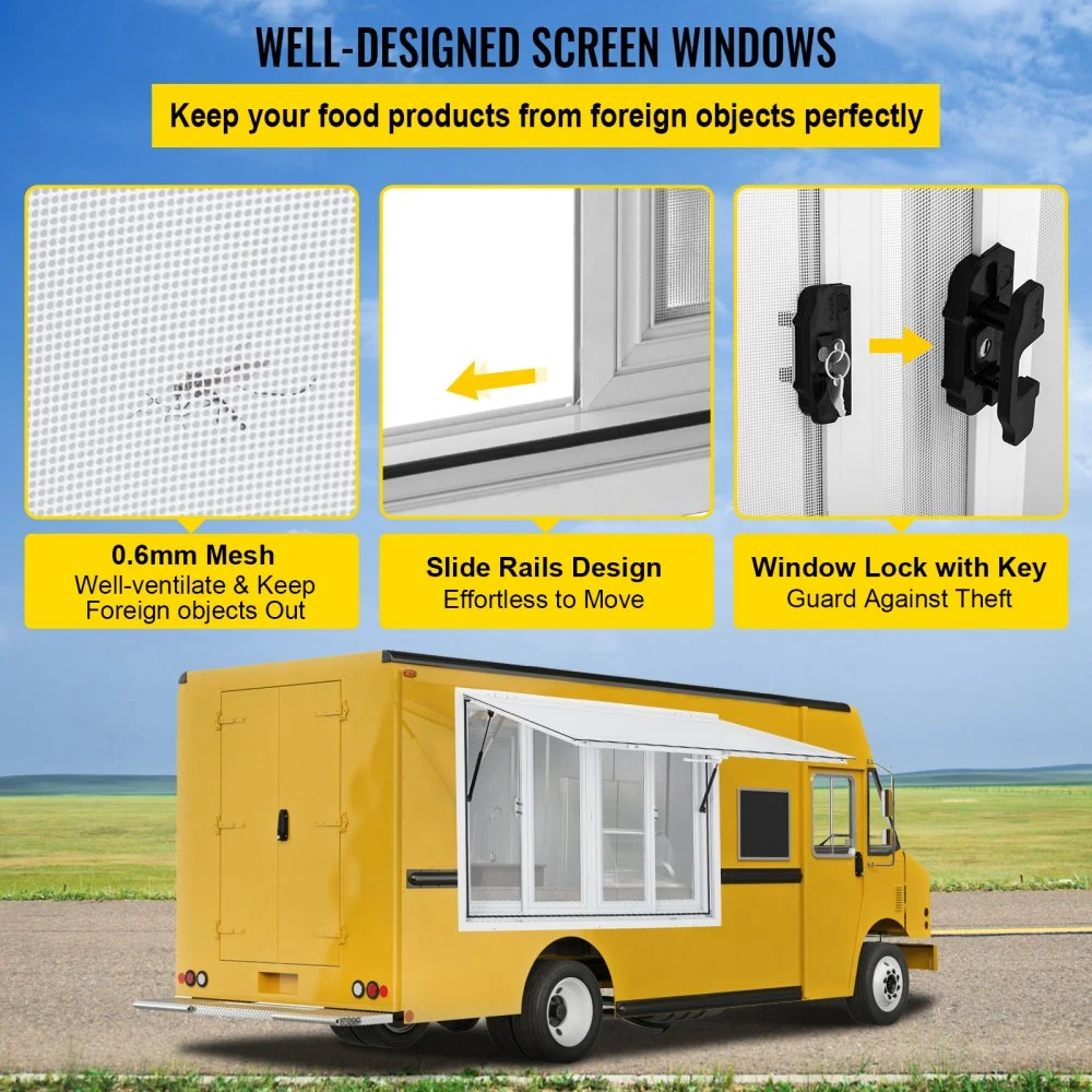Ventana de concesión VEVOR de 122 x 91 cm, de aleación de aluminio, para servicio de food trucks, con 4 ventanas corredizas horizontales, puerta con toldo y gancho de arrastre. Ideal para food trucks y remolques de concesión.