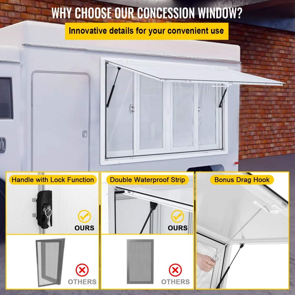 Ventana de concesión VEVOR de 122 x 91 cm, de aleación de aluminio, para servicio de food trucks, con 4 ventanas corredizas horizontales, puerta con toldo y gancho de arrastre. Ideal para food trucks y remolques de concesión.