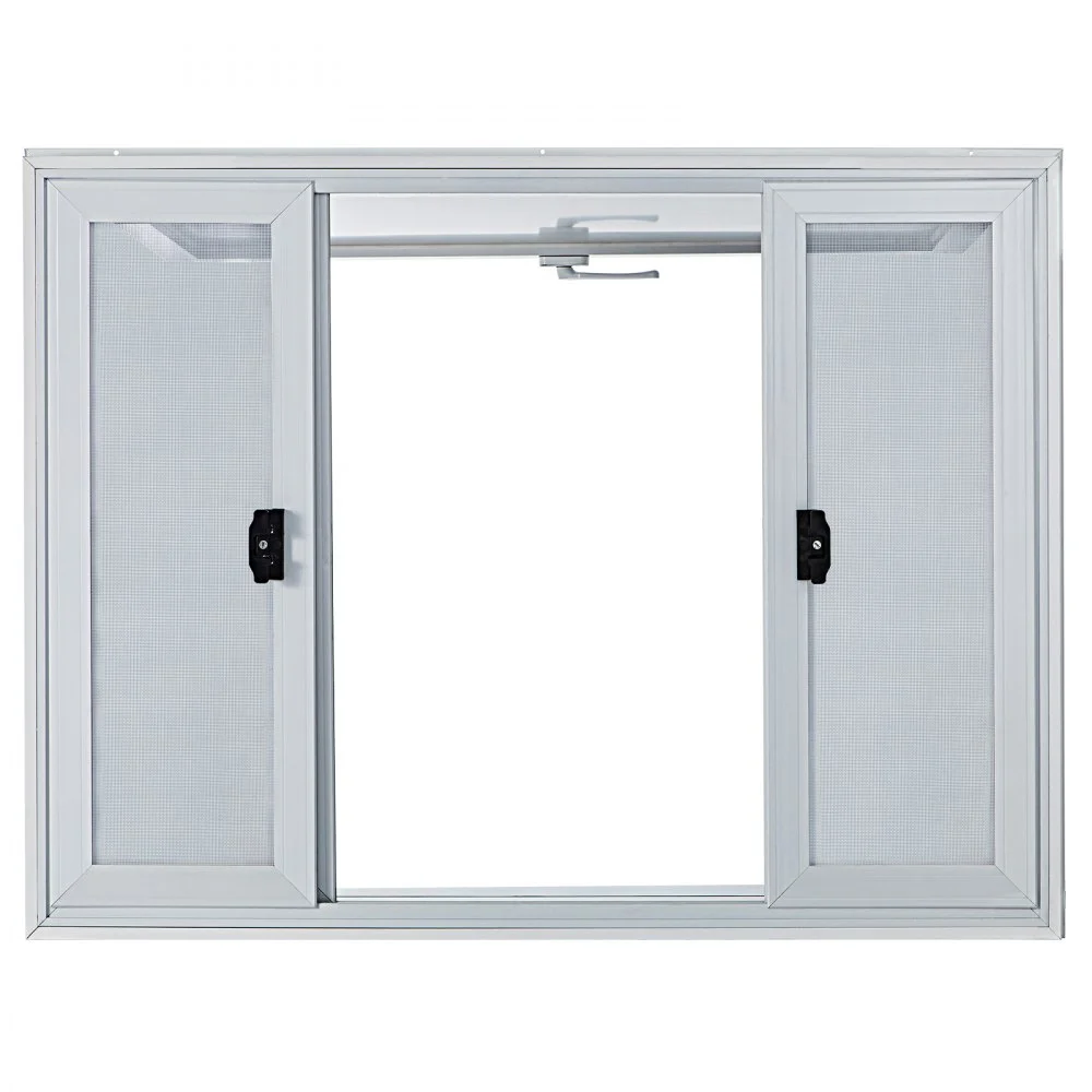 Ventana de concesión VEVOR de 122 x 91 cm, de aleación de aluminio, para servicio de food trucks, con 4 ventanas corredizas horizontales, puerta con toldo y gancho de arrastre. Ideal para food trucks y remolques de concesión.
