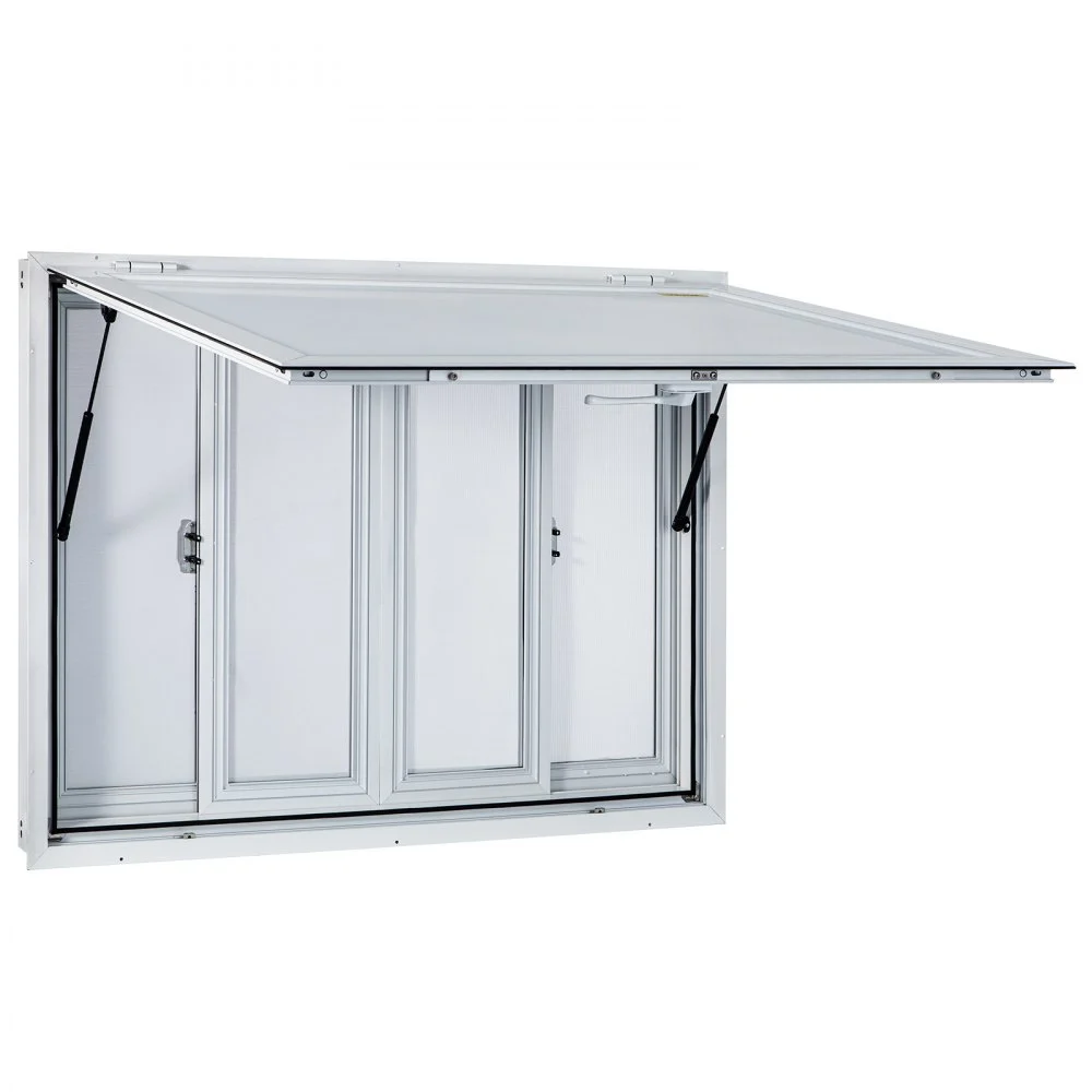 Ventana de concesión VEVOR de 122 x 91 cm, de aleación de aluminio, para servicio de food trucks, con 4 ventanas corredizas horizontales, puerta con toldo y gancho de arrastre. Ideal para food trucks y remolques de concesión.