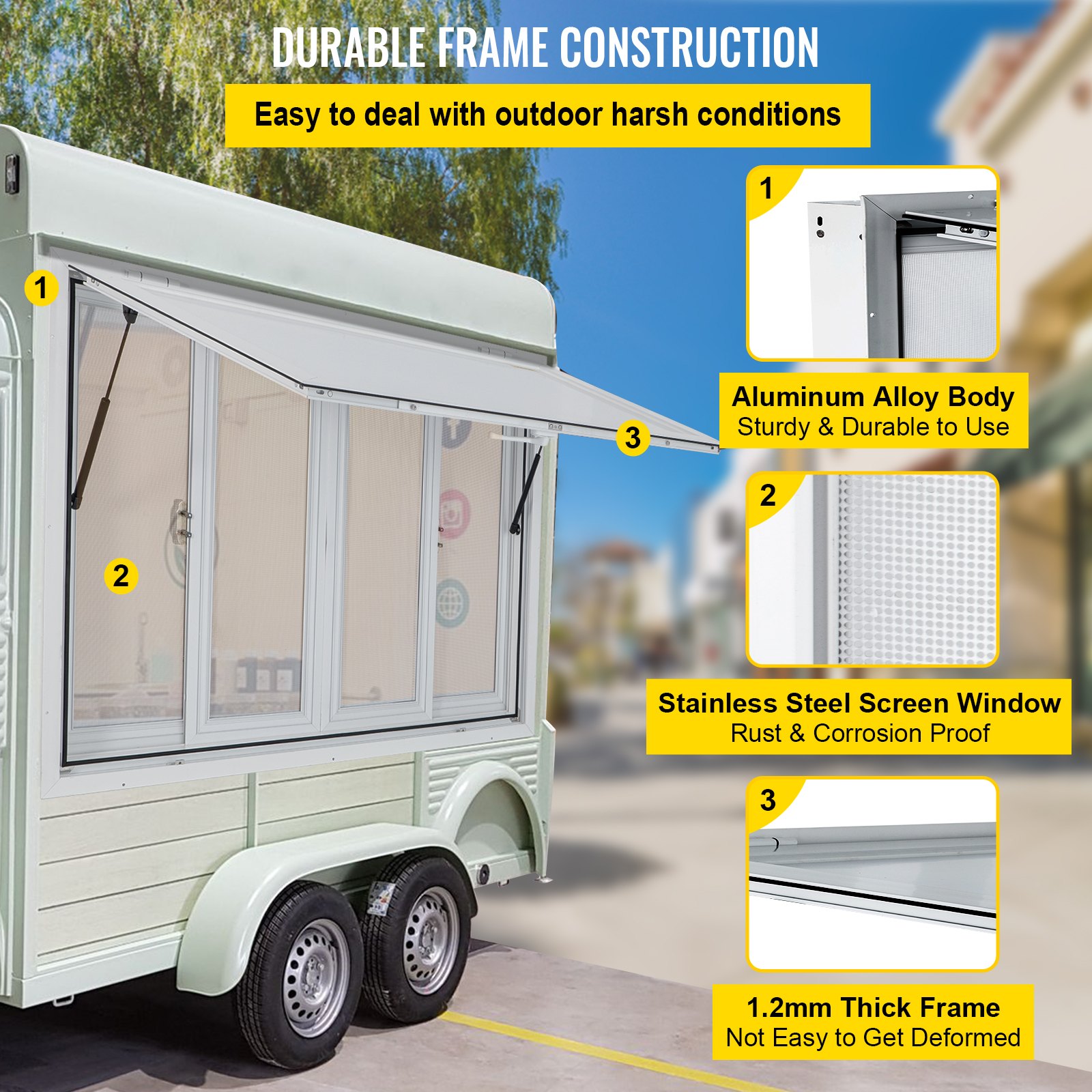 Ventana de concesión VEVOR de 122 x 91 cm, de aleación de aluminio, para servicio de food trucks, con 4 ventanas corredizas horizontales, puerta con toldo y gancho de arrastre. Ideal para food trucks y remolques de concesión.