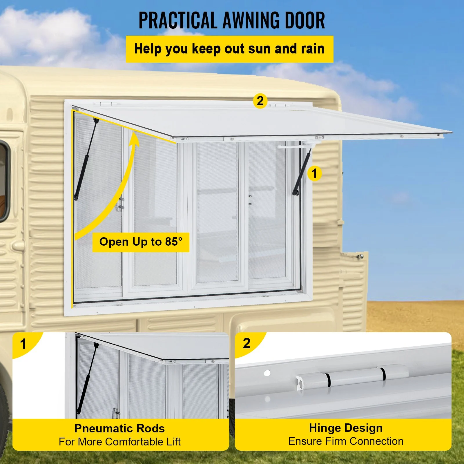 Ventana de concesión VEVOR de 122 x 91 cm, de aleación de aluminio, para servicio de food trucks, con 4 ventanas corredizas horizontales, puerta con toldo y gancho de arrastre. Ideal para food trucks y remolques de concesión.