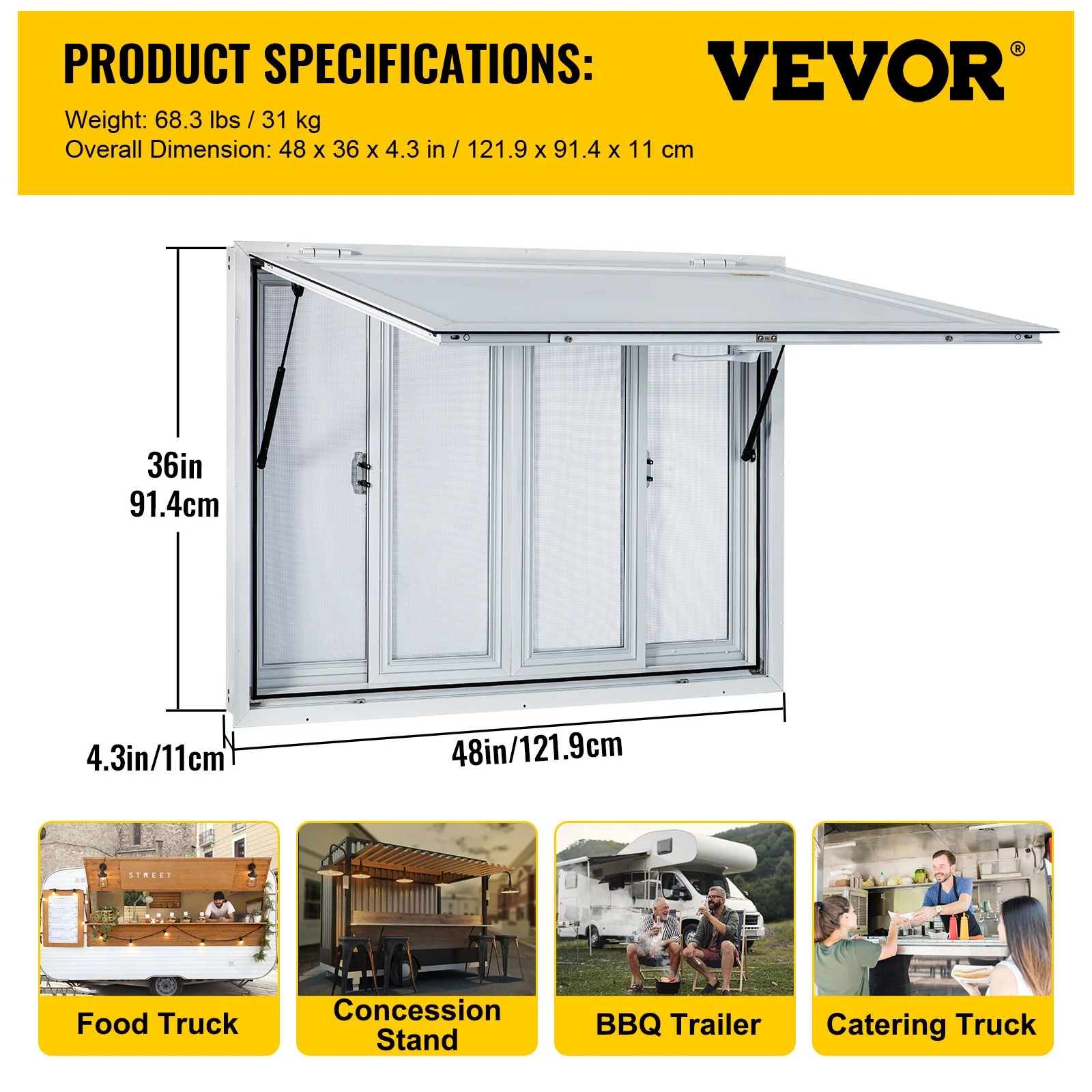 Ventana de concesión VEVOR de 122 x 91 cm, de aleación de aluminio, para servicio de food trucks, con 4 ventanas corredizas horizontales, puerta con toldo y gancho de arrastre. Ideal para food trucks y remolques de concesión.