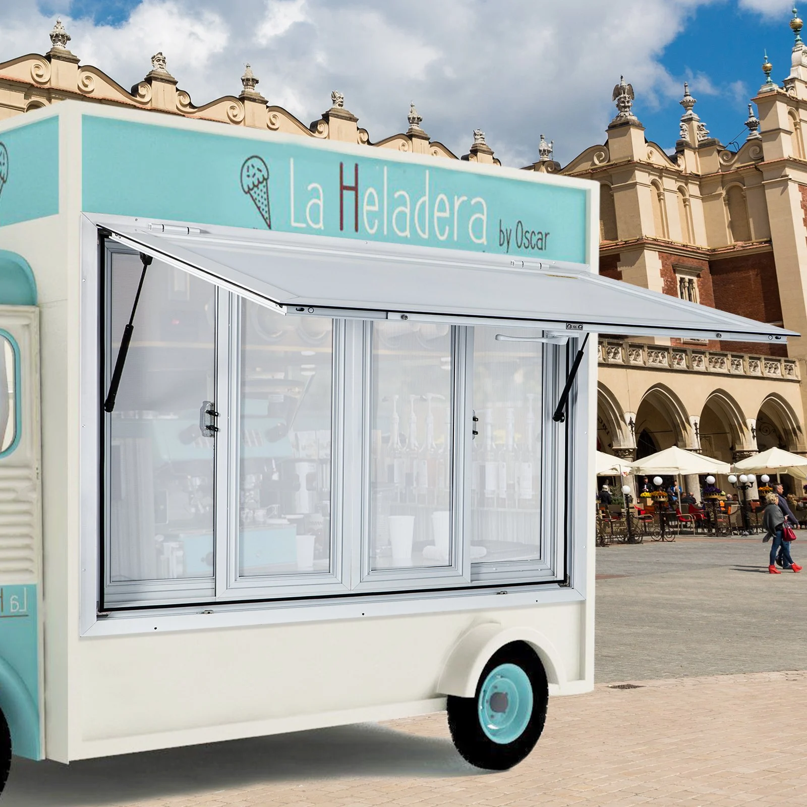 Ventana de concesión VEVOR de 122 x 91 cm, de aleación de aluminio, para servicio de food trucks, con 4 ventanas corredizas horizontales, puerta con toldo y gancho de arrastre. Ideal para food trucks y remolques de concesión.