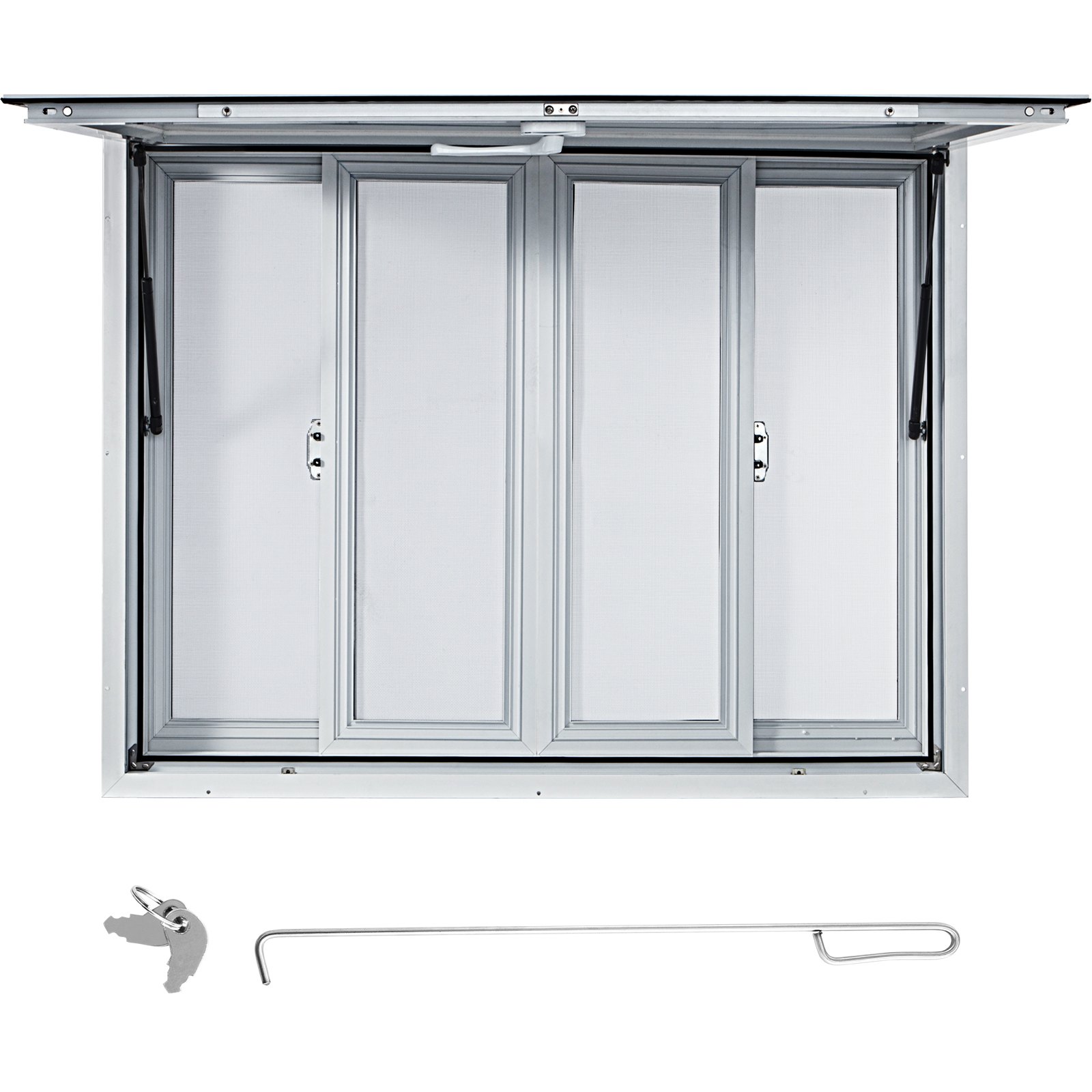 Ventana de concesión VEVOR de 122 x 91 cm, de aleación de aluminio, para servicio de food trucks, con 4 ventanas corredizas horizontales, puerta con toldo y gancho de arrastre. Ideal para food trucks y remolques de concesión.