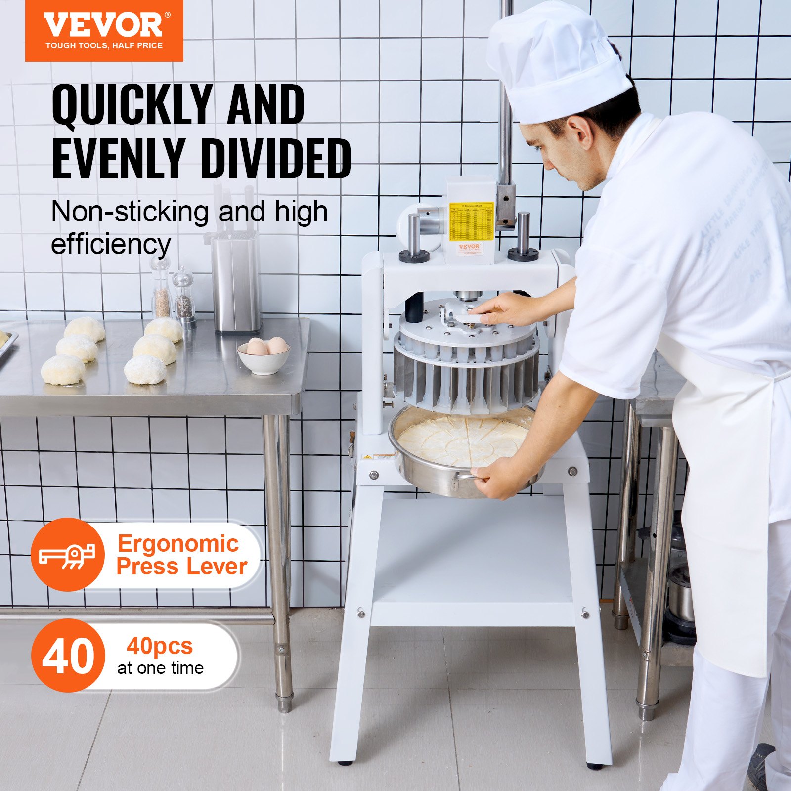 VEVOR Máquina Divisor de Masa Manual 40 Piezas Cortador de Masa de Prensa Manual Vertical 30-150 g con Bandeja y Hoja de Acero Inoxidable Máquina para Hacer Pan para Panadería, Restaurante