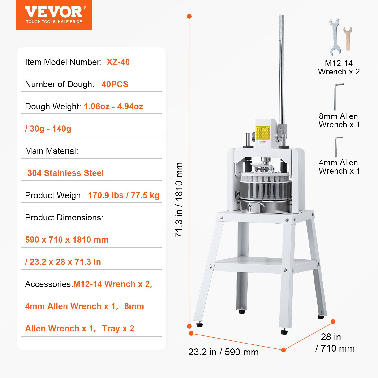VEVOR Máquina Divisor de Masa Manual 40 Piezas Cortador de Masa de Prensa Manual Vertical 30-150 g con Bandeja y Hoja de Acero Inoxidable Máquina para Hacer Pan para Panadería, Restaurante