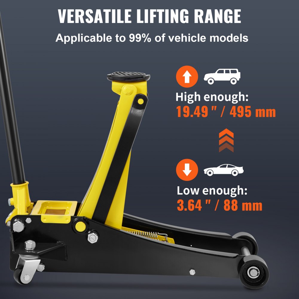 VEVOR Gato de Piso, Gato de Piso de Perfil Bajo de 2.5 toneladas, Gato de Piso de Carreras de Acero de Alta Resistencia con Bomba de elevación rápida de Pistones Dobles, Rango de elevación del Gato de Piso 3.64"-19.49
