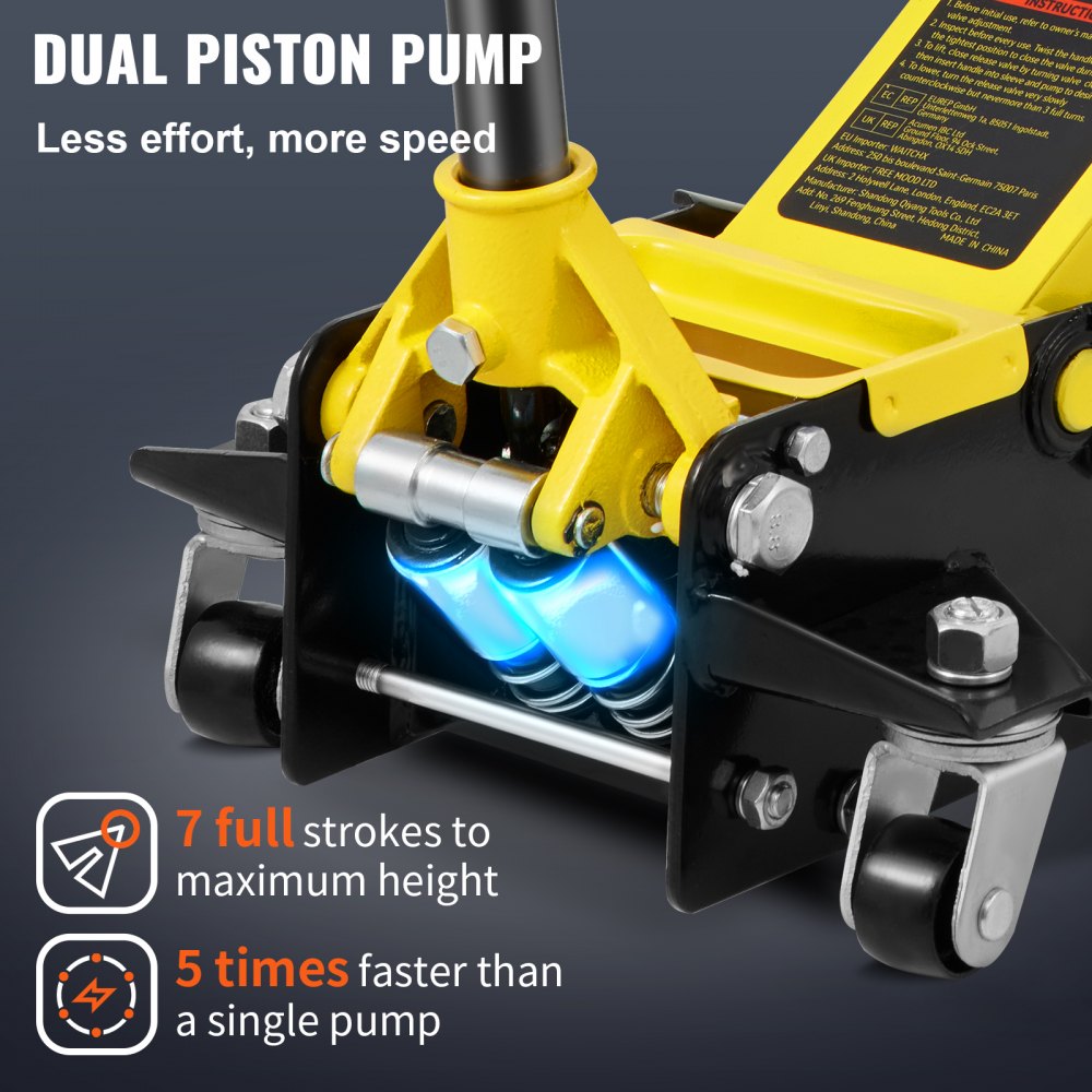 VEVOR Gato de Piso, Gato de Piso de Perfil Bajo de 2.5 toneladas, Gato de Piso de Carreras de Acero de Alta Resistencia con Bomba de elevación rápida de Pistones Dobles, Rango de elevación del Gato de Piso 3.64"-19.49