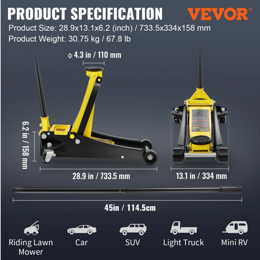 VEVOR Gato de Piso, Gato de Piso de Perfil Bajo de 2.5 toneladas, Gato de Piso de Carreras de Acero de Alta Resistencia con Bomba de elevación rápida de Pistones Dobles, Rango de elevación del Gato de Piso 3.64"-19.49