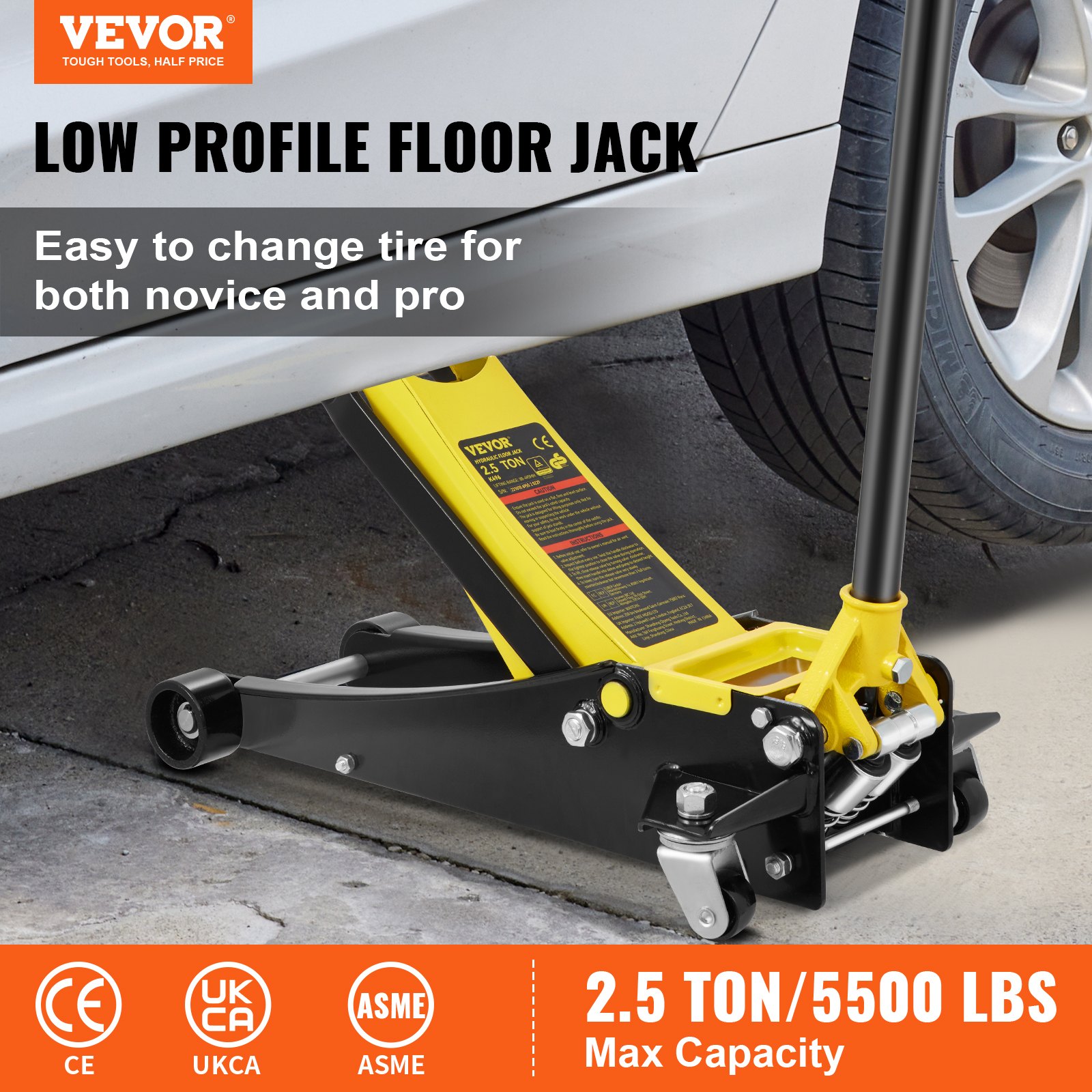VEVOR Gato de Piso, Gato de Piso de Perfil Bajo de 2.5 toneladas, Gato de Piso de Carreras de Acero de Alta Resistencia con Bomba de elevación rápida de Pistones Dobles, Rango de elevación del Gato de Piso 3.64"-19.49