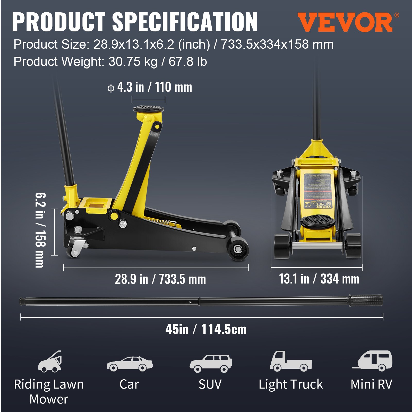 VEVOR Gato de Piso, Gato de Piso de Perfil Bajo de 2.5 toneladas, Gato de Piso de Carreras de Acero de Alta Resistencia con Bomba de elevación rápida de Pistones Dobles, Rango de elevación del Gato de Piso 3.64"-19.49