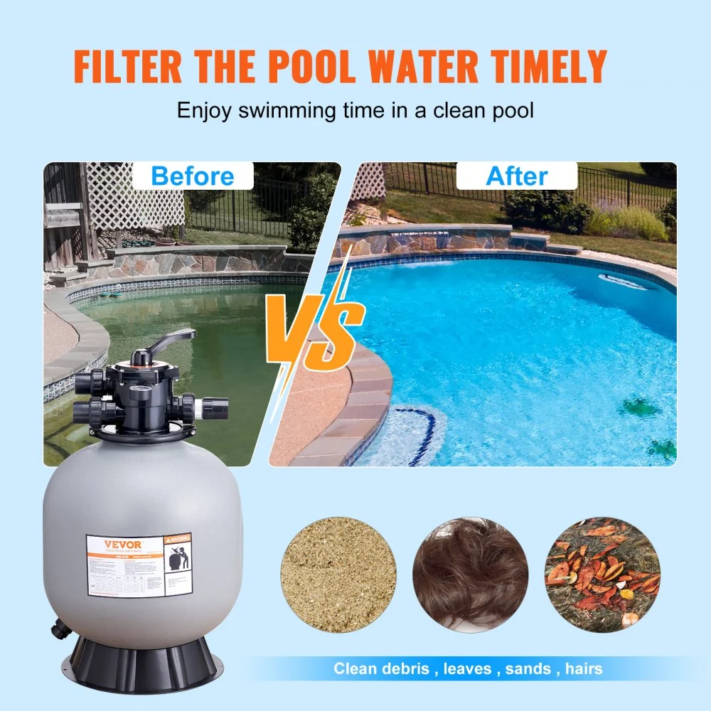 Filtro de arena VEVOR de 22 pulgadas, caudal de hasta 55 GPM, sistema de filtro de arena para piscinas sobre el suelo con válvula multipuerto de 7 vías, funciones de filtrado, retrolavado, enjuague, recirculación, desechos, invierno y cerrado.
