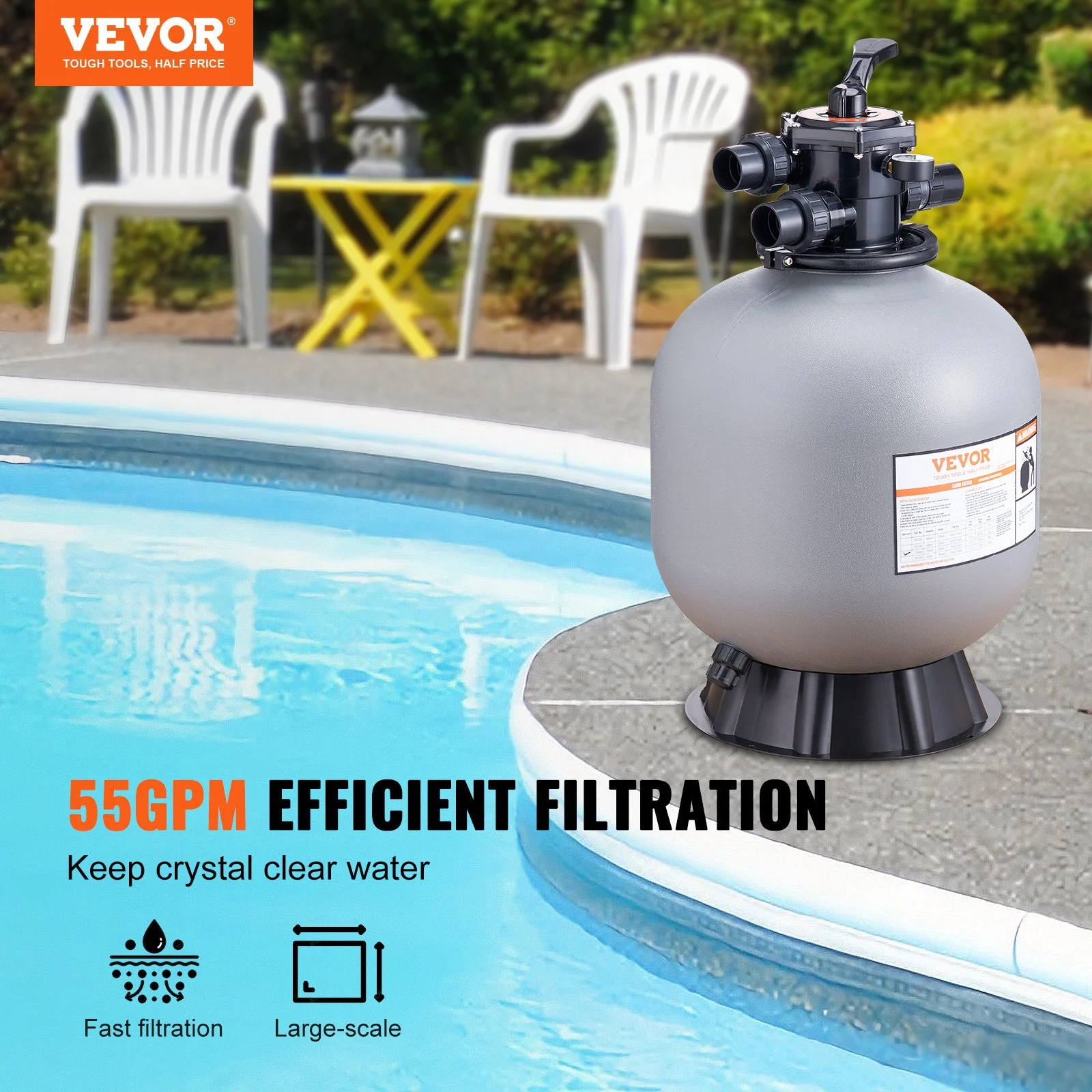 Filtro de arena VEVOR de 22 pulgadas, caudal de hasta 55 GPM, sistema de filtro de arena para piscinas sobre el suelo con válvula multipuerto de 7 vías, funciones de filtrado, retrolavado, enjuague, recirculación, desechos, invierno y cerrado.
