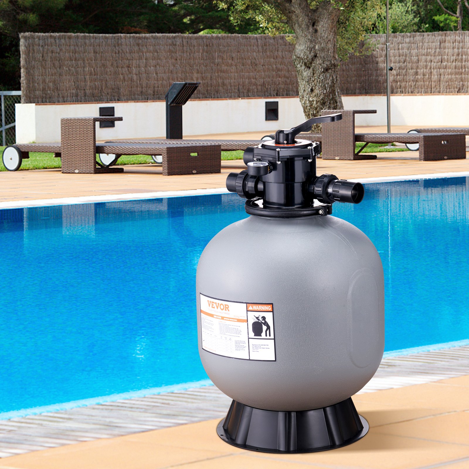 Filtro de arena VEVOR de 22 pulgadas, caudal de hasta 55 GPM, sistema de filtro de arena para piscinas sobre el suelo con válvula multipuerto de 7 vías, funciones de filtrado, retrolavado, enjuague, recirculación, desechos, invierno y cerrado.