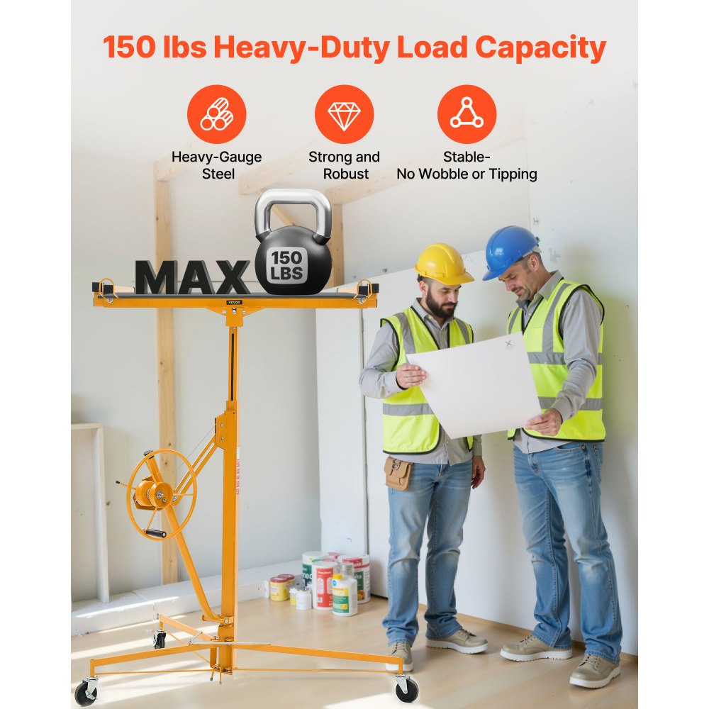 Elevador de paneles de yeso VEVOR de 11 pies, elevador de paneles de yeso de alta resistencia de 150 libras con brazo telescópico ajustable, ruedas bloqueables, herramientas de elevación de paneles de yeso, ideal para instalación en techos y paredes (amarillo)