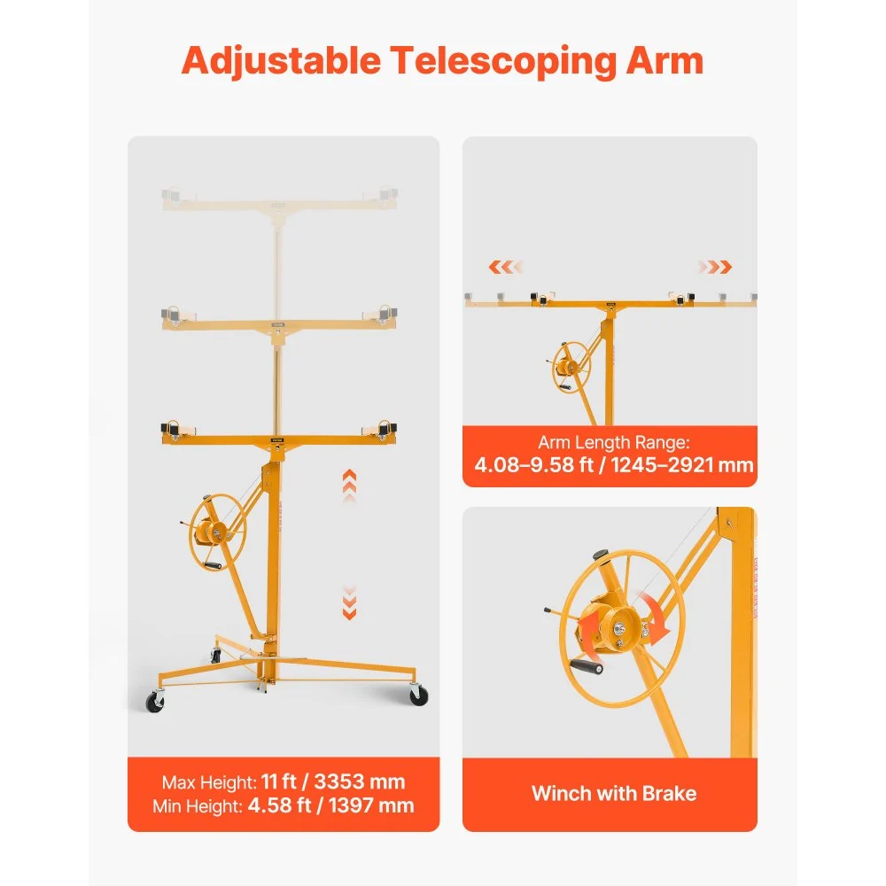 Elevador de paneles de yeso VEVOR de 11 pies, elevador de paneles de yeso de alta resistencia de 150 libras con brazo telescópico ajustable, ruedas bloqueables, herramientas de elevación de paneles de yeso, ideal para instalación en techos y paredes (amarillo)